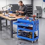 Goplus 3 Tier Rolling Tool Cart with Lockable Drawer, Heavy Duty Metal Utility Cart on Wheels with Pegboards & Hooks, Mechanic Tool Storage Organizer for Garage, Warehouse & Workshop (Blue)