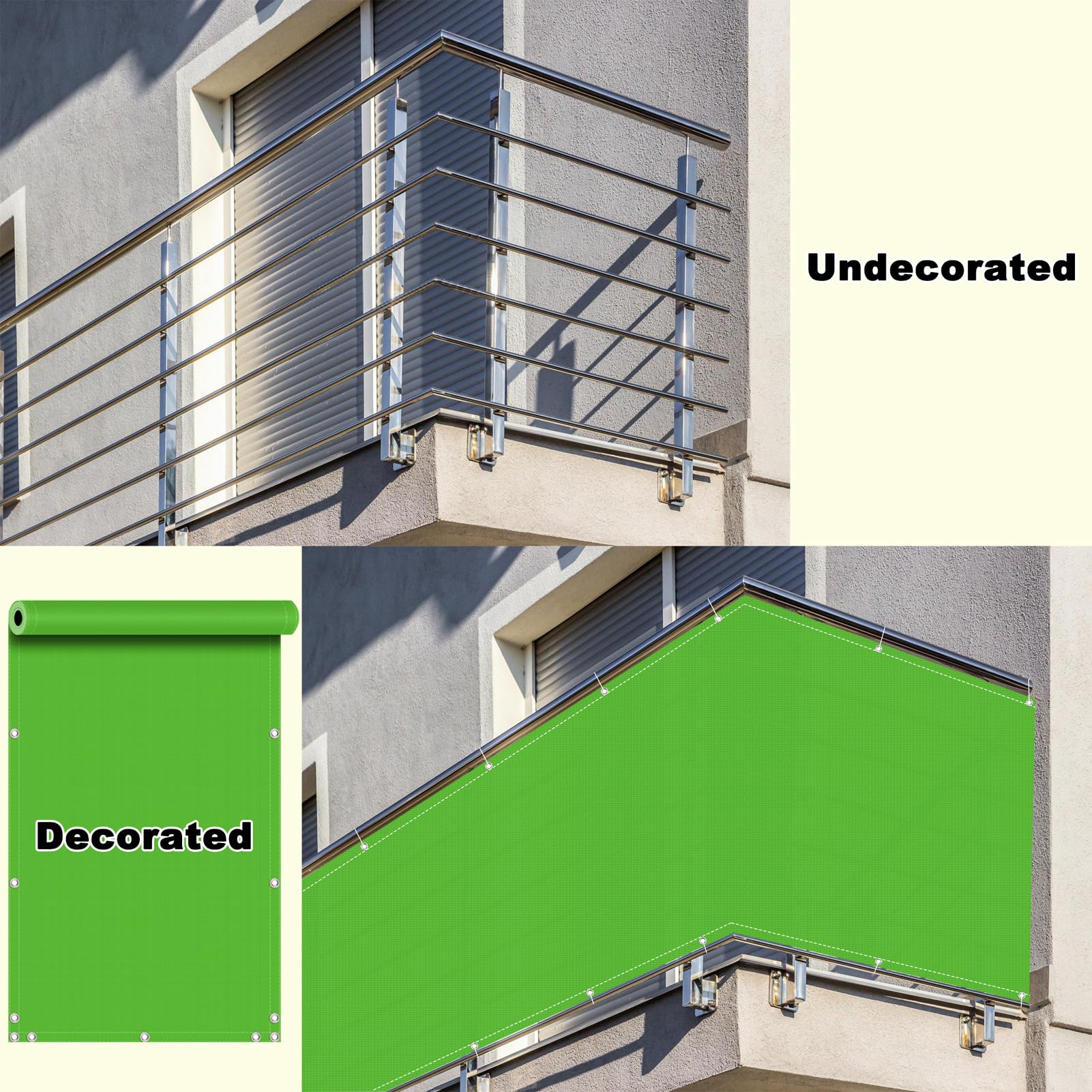Recinzione per balcone, 4 x 4 m, in resina UV, visibile, senza fori, con fascette stringicavo, per ringhiere, colore verde