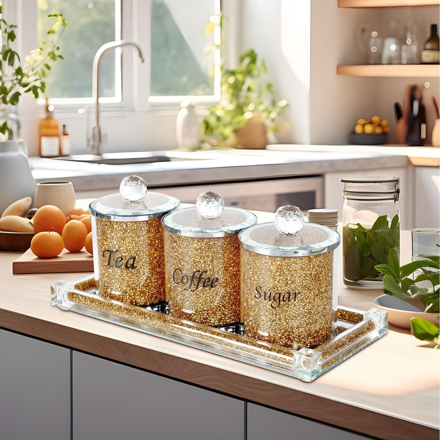 Topsky Coffee Sugar Tea Crystal Canister Set of 4,Sparkly Crystal Crushed Diamonds Home Decor,Silver Kitchen Coffee Jar Storage Set with Label & Lid,Storage Container Set for Countertop,Dining Room