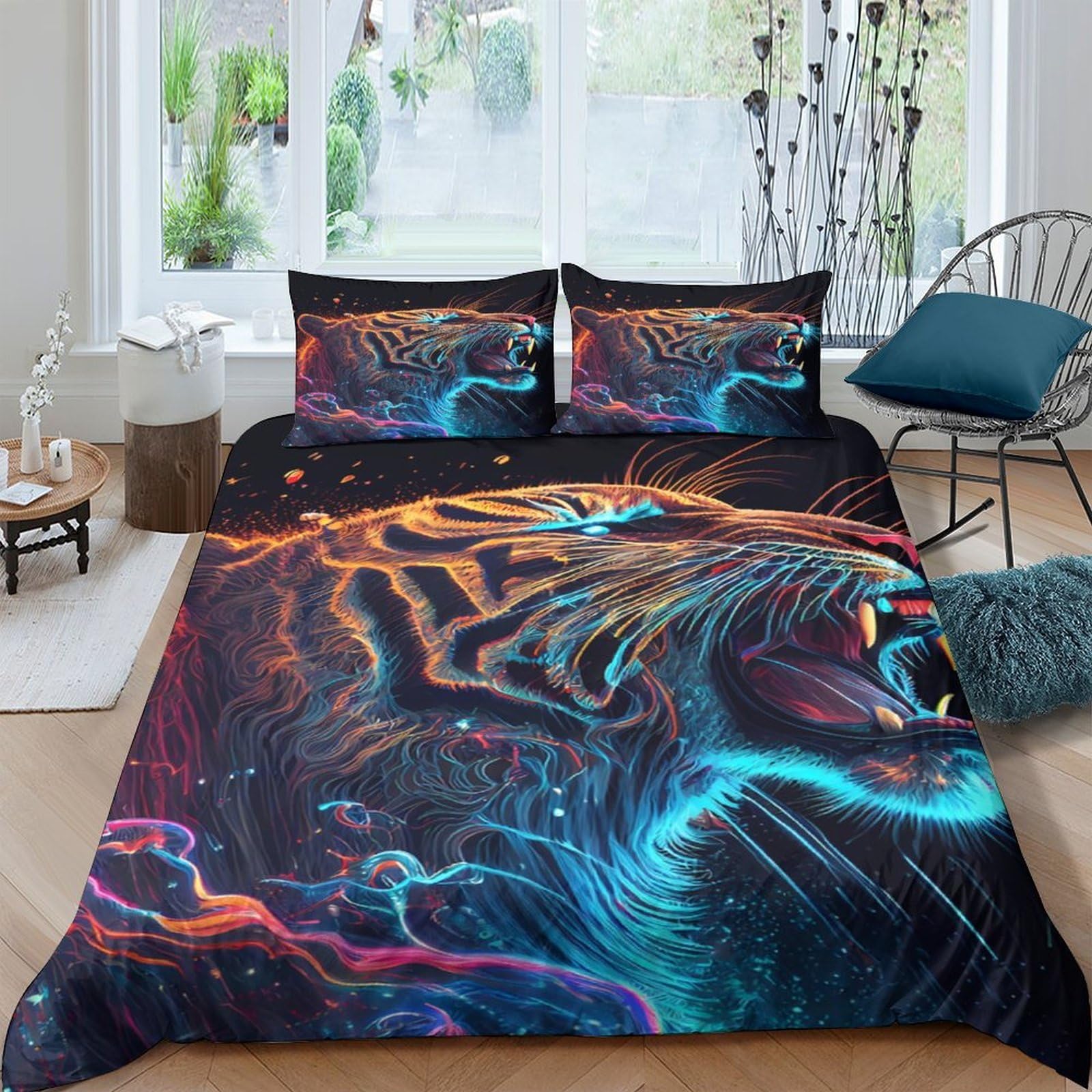 Ctjqhvkz Style-2 3D Printed Neon Tiger Fitted Sheet Microfiber Vibrant Stripe Mattress Cover For Bedroom Guest Room Decor Single（135X200cm）