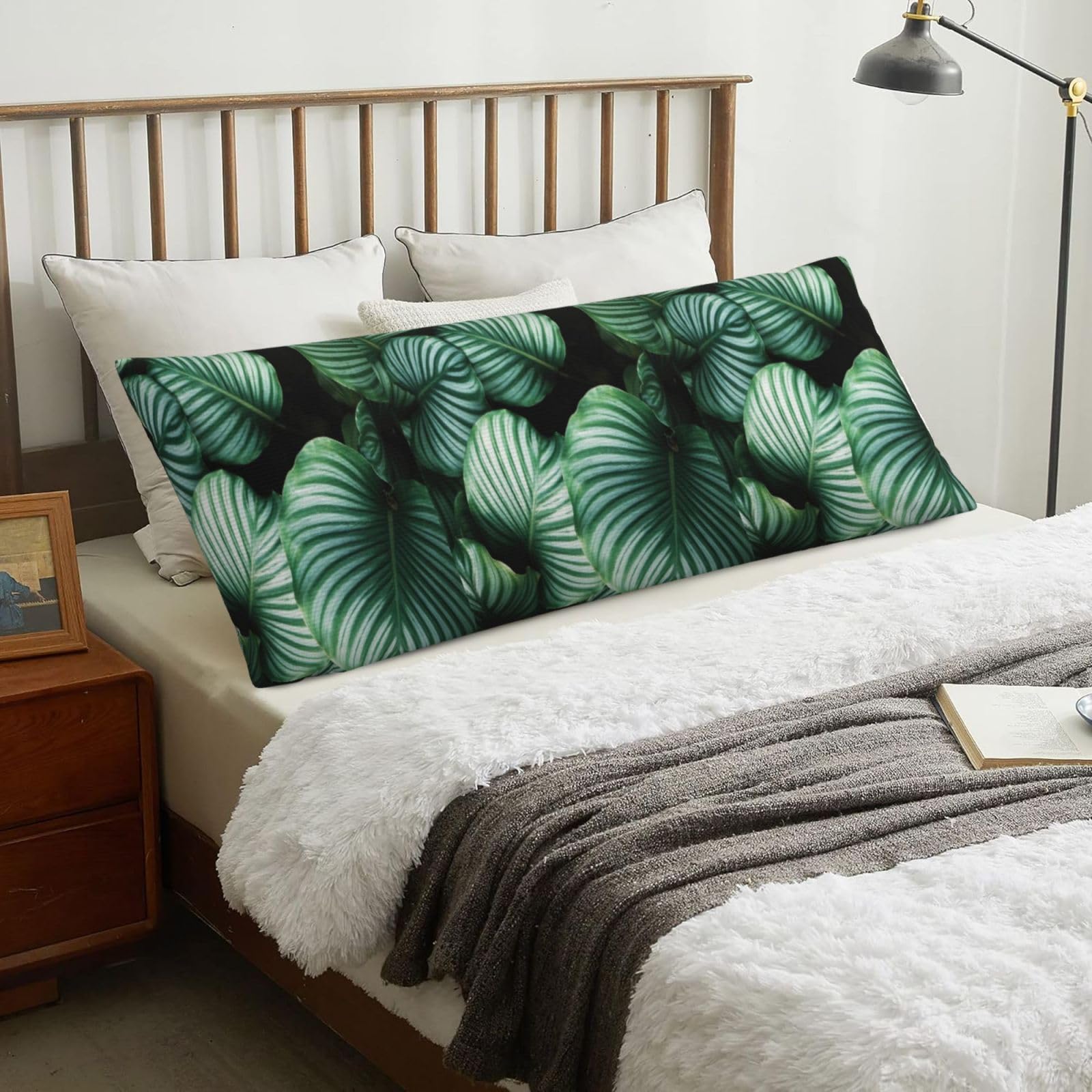 Green Tropical Plant Leaves Printed, Body Pillow Cover with Zipper,Long Body Pillowcase 20 x 60 in