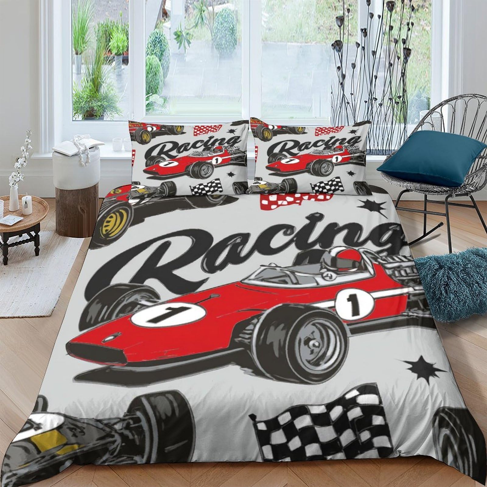 Ctjqhvkz Style-3 3D Printed Red Racing Car Fitted Sheet Microfiber Soft Breathable Checkered Flag Bed Cover For Bedroom Dorm Mattress Protection Single（135X200cm）