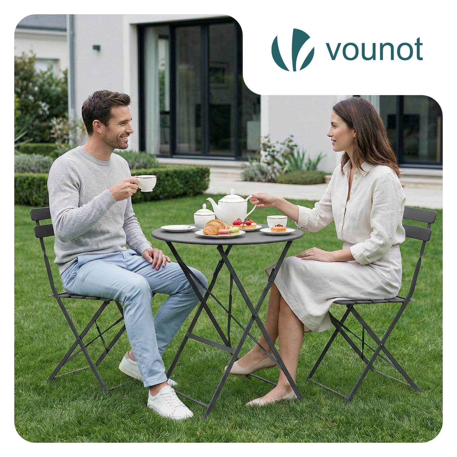 VOUNOT® Set Bistrot Pieghevole 3 Pezzi in Metallo, Set Tavolo e 2 Sedie da Giardino, Salvaspazio Resistente alle Intemperie e ai Raggi UV per Balcone, Patio, Terrazza e Esterno, Grigio