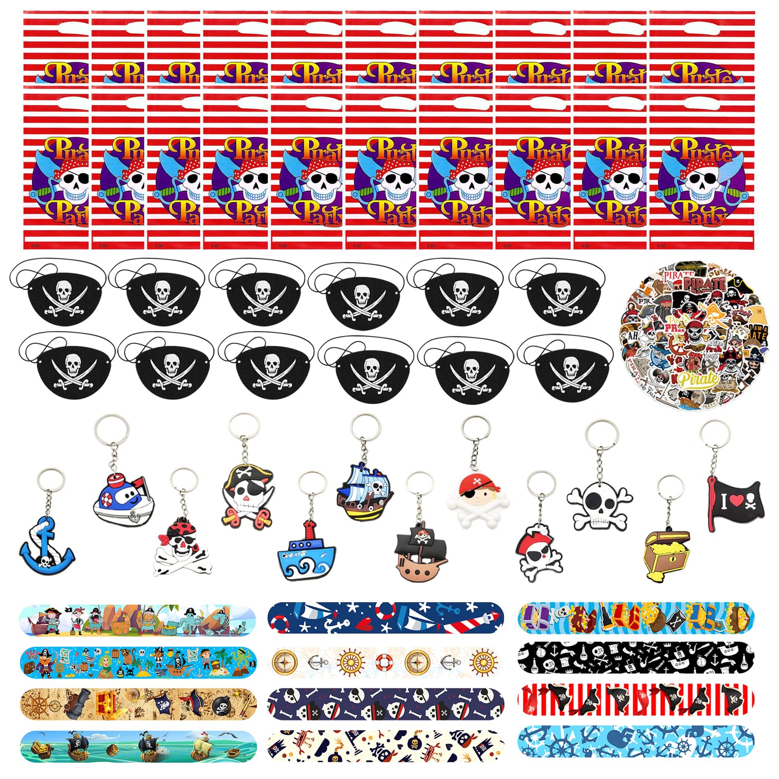 106 PCS Regalos Piñata Cumpleaños Pirata Niño, Piraten Kindergeburtstag Set,Temporales Niños Llaveros Regalitos Cumpleaños Invitados Niños Pack Regalos Juguetes Piñata