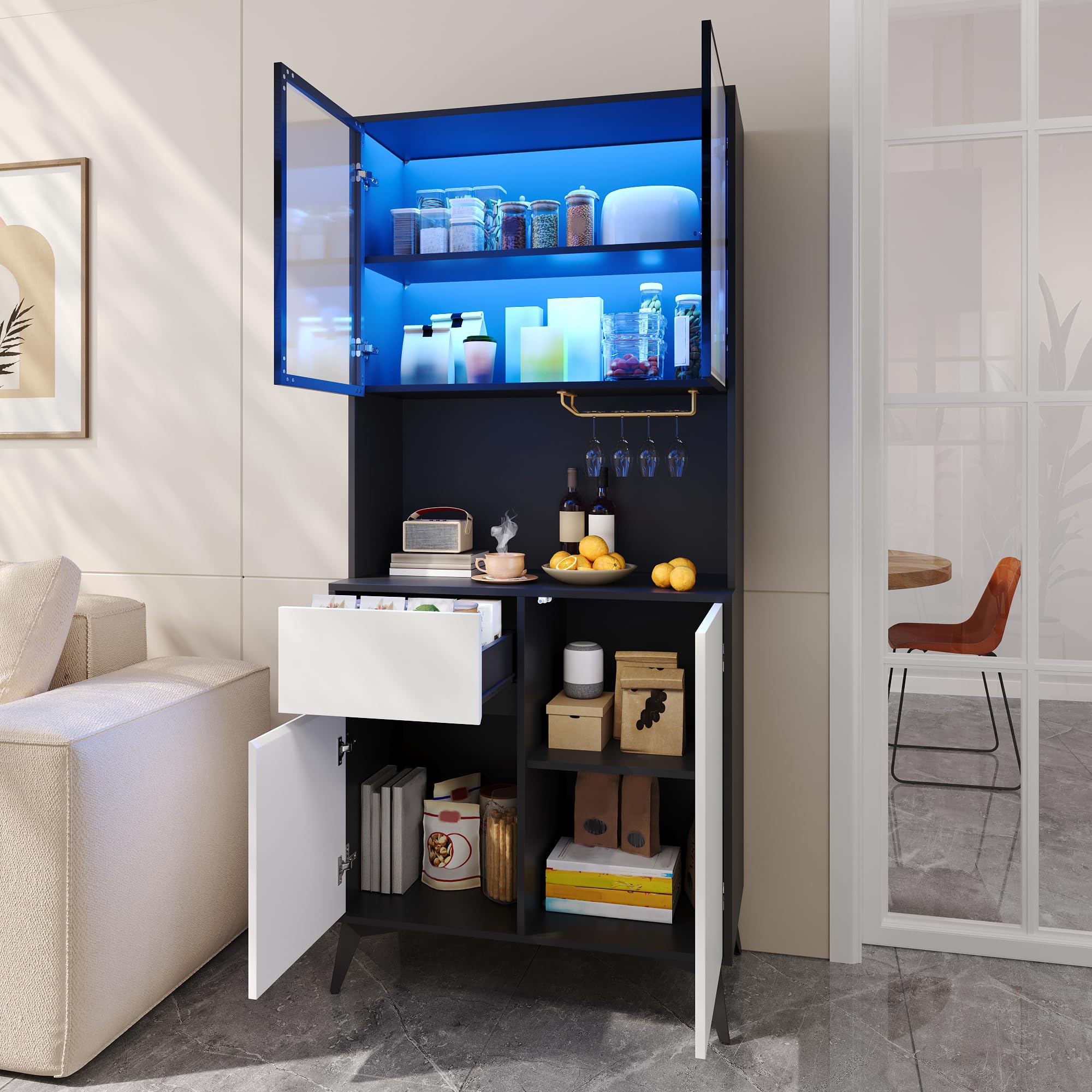 Dolamaní Witryna 80 dł. x 40 szer. x 180 wys. (cm) czarno-biała, szklana witryna i szafka bufetowa, zintegrowana lampa LED, szafka z korpusem MDF, kredens do kuchni i salonu (C)