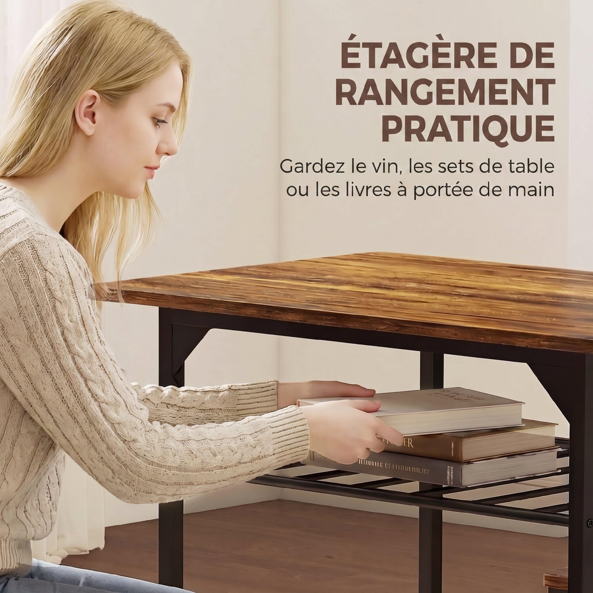 HOMCOM Ensemble Table Salle à Manger avec 2 chaises, Table de Cuisine pour 2 Personnes, étagère de Stockage, Cadre métallique, Style Industriel, idéal pour Espace réduit, Brun Rustique