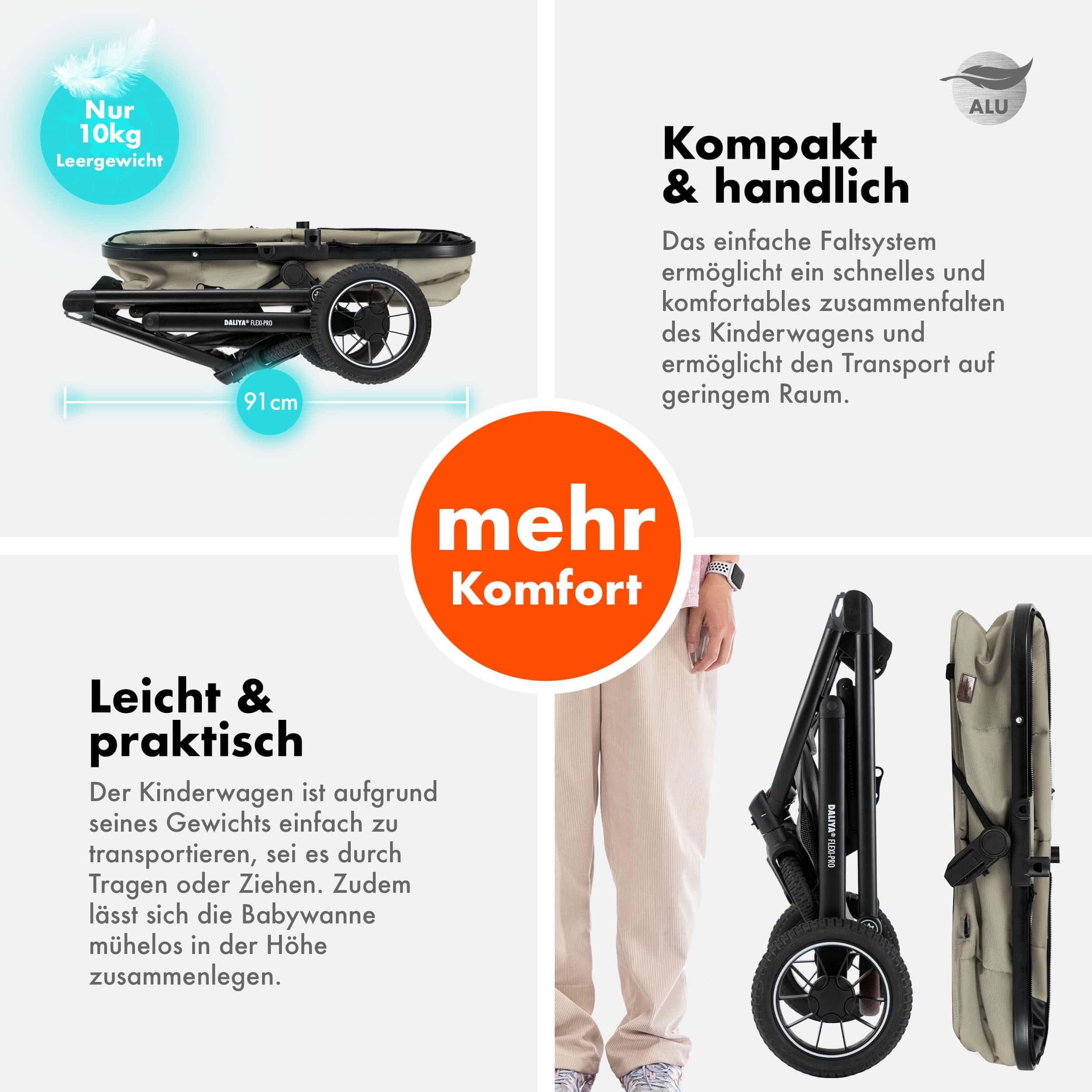 Daliya® FLEXI-PRO M 3in1 Kinderwagen & Buggy mit i-Size Babyschale, Viel Zubehör (Beige)