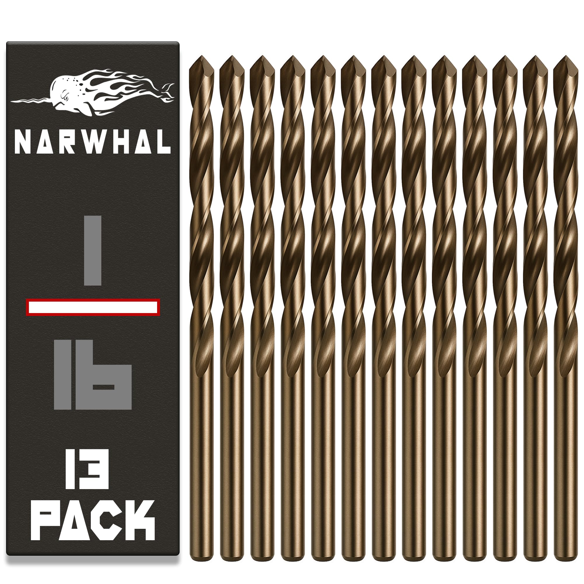 Narwhal 1/16 Inch Cobalt Drill Bits (13 Pack - Industrial Grade M35 Cobalt) 1-3/16" Length & 135 Degree Split Point for Drilling Into Metal, Hardened