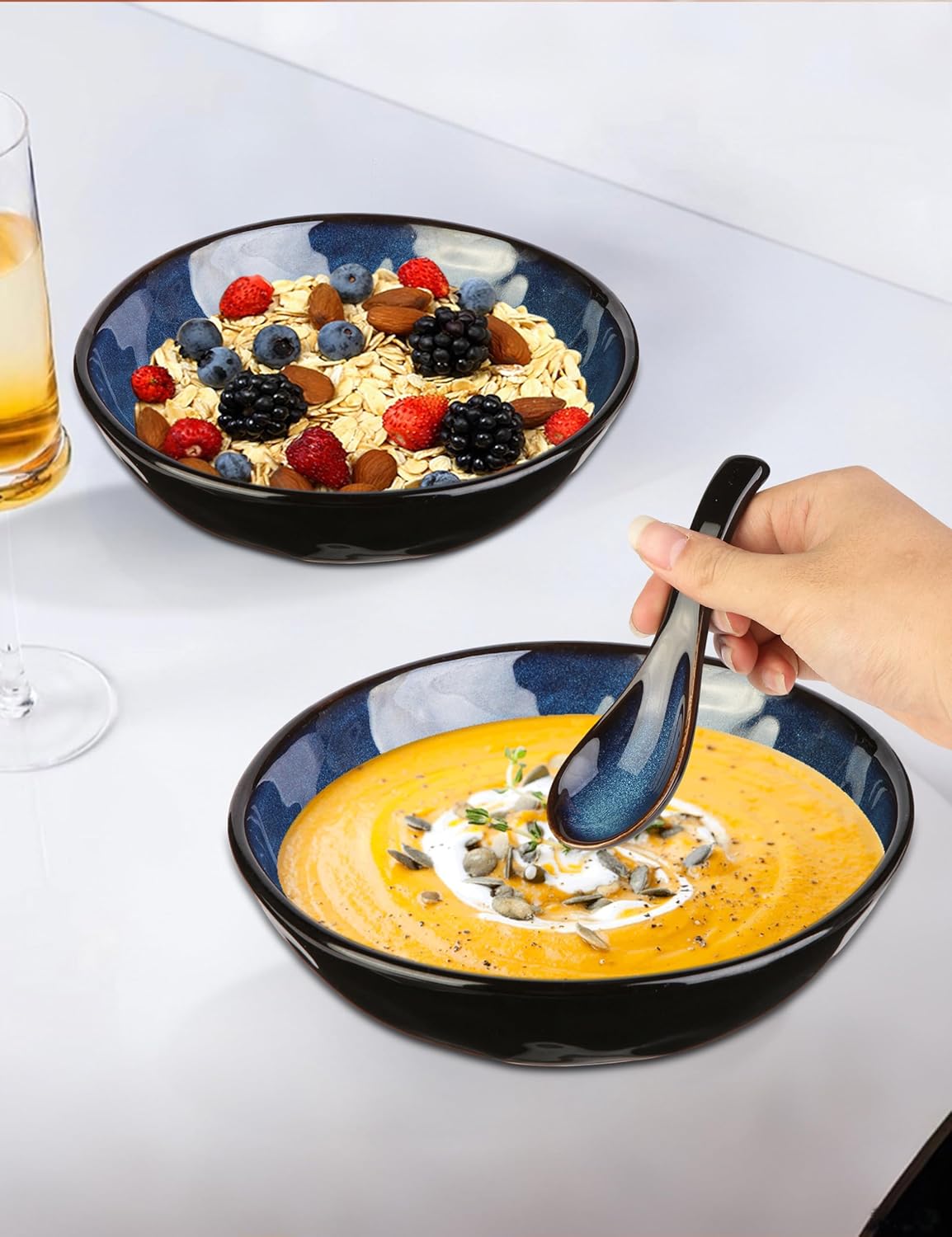 7.8 Inch Pasta Bowls Set of 2, 27oz Deep Soup & Salad Bowls for Kitchen,Porcelain Microwave Dishwasher Safe Dinnerware Set, Blue Reusable Cereal Bowl Gift