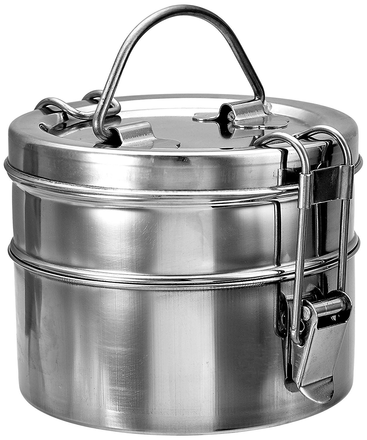 King International Stainless Steel Lunch Box, Silver, 12CM, 2 Tier, Tiffin Box For Kids, Compartment With Locking Clip, Steel Lunch Box For Office Men & Women, Leak Proof Tiffin Box, Meal Holder For Girls/Boys