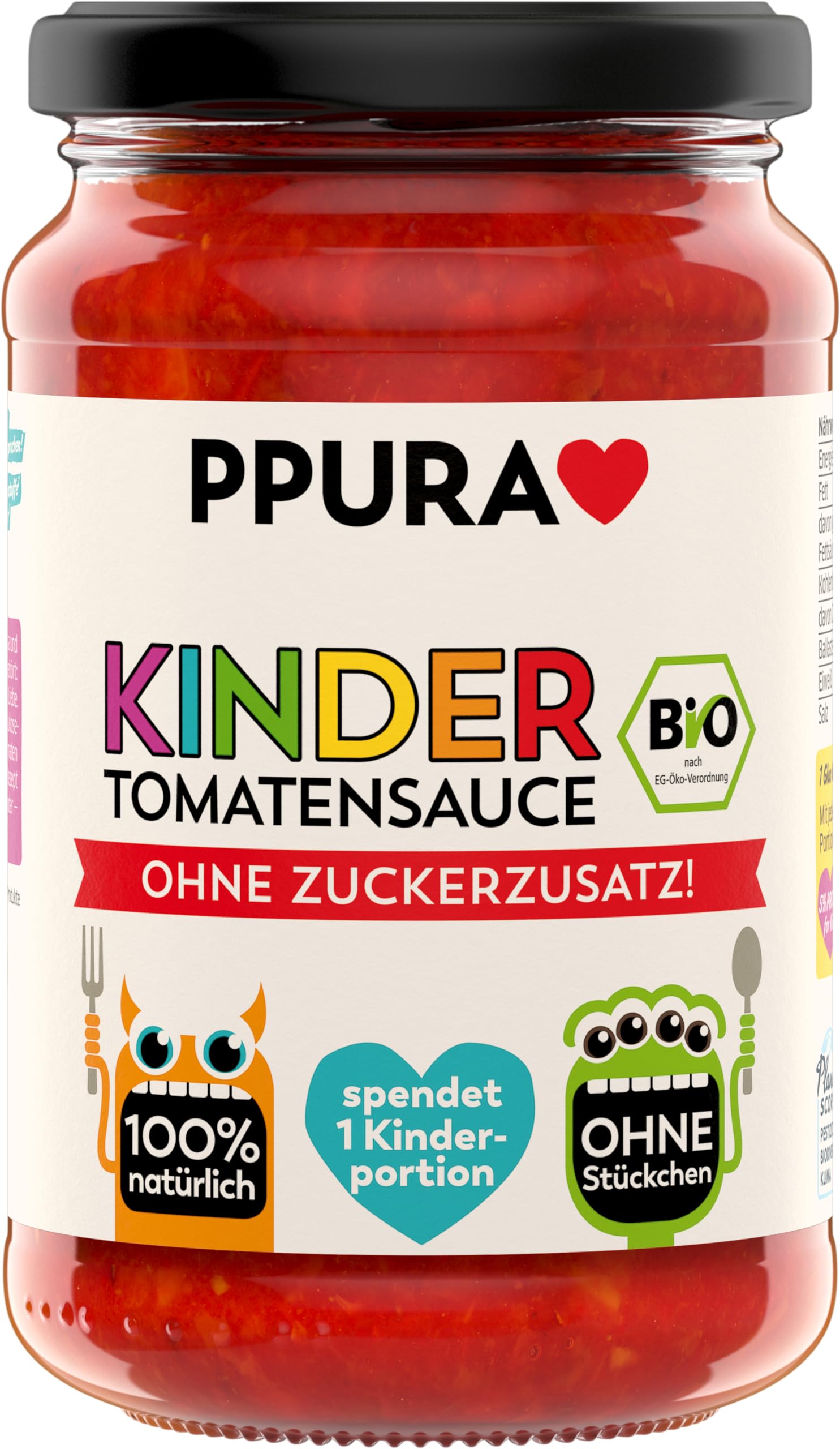 PPURA Bio Tomatensauce Kinder Ohne Zuckerzusatz | Stückchenfreie Pasta-Sauce mit Tomaten | 100% Natürlich Ohne Zusatzstoffe| Kids Nudel-Soße Made in Italy | Spendet eine Kinderportion | 340g Glas