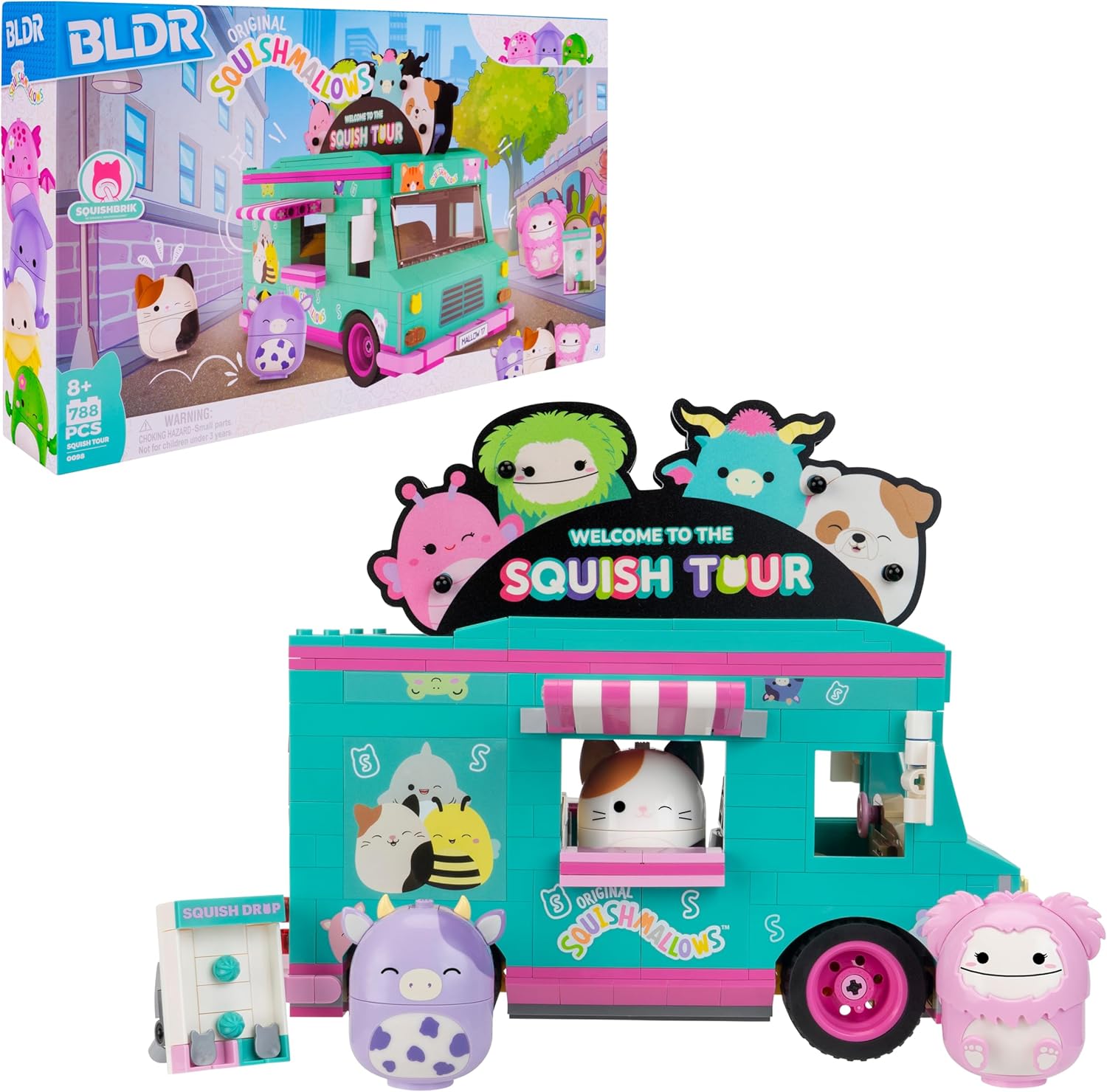 (Incomplete) BLDR Squishmallows Squish Tour Van Building Set - Cam The Cat, Bubba The Cow, & Brina The Bigfoot Buildable Figures - Squishmallows Fans 8+, 0098