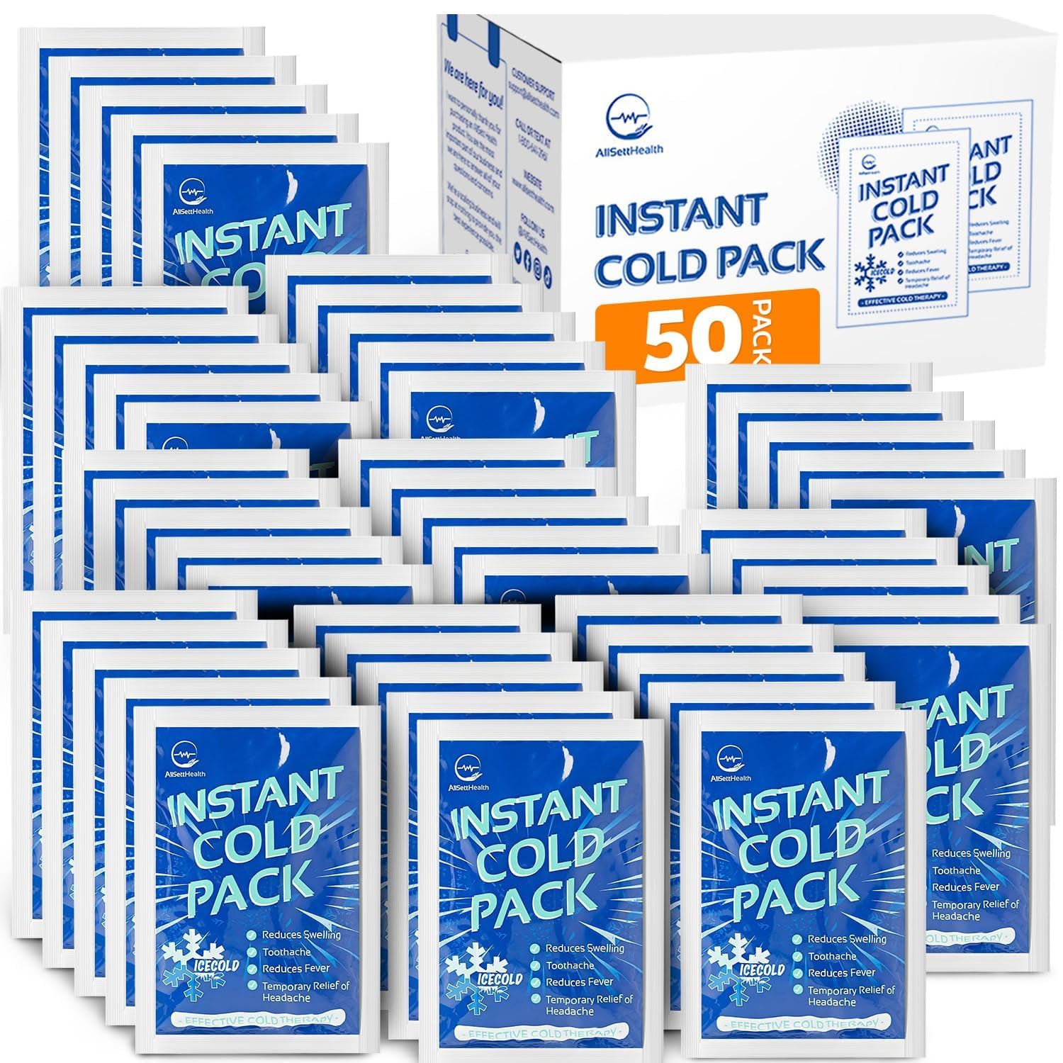 50 Pack Instant Ice Cold Pack (6” x 4.5”) - Disposable Instant Ice Packs for Injuries | Cold Compress Ice Pack for Pain Relief