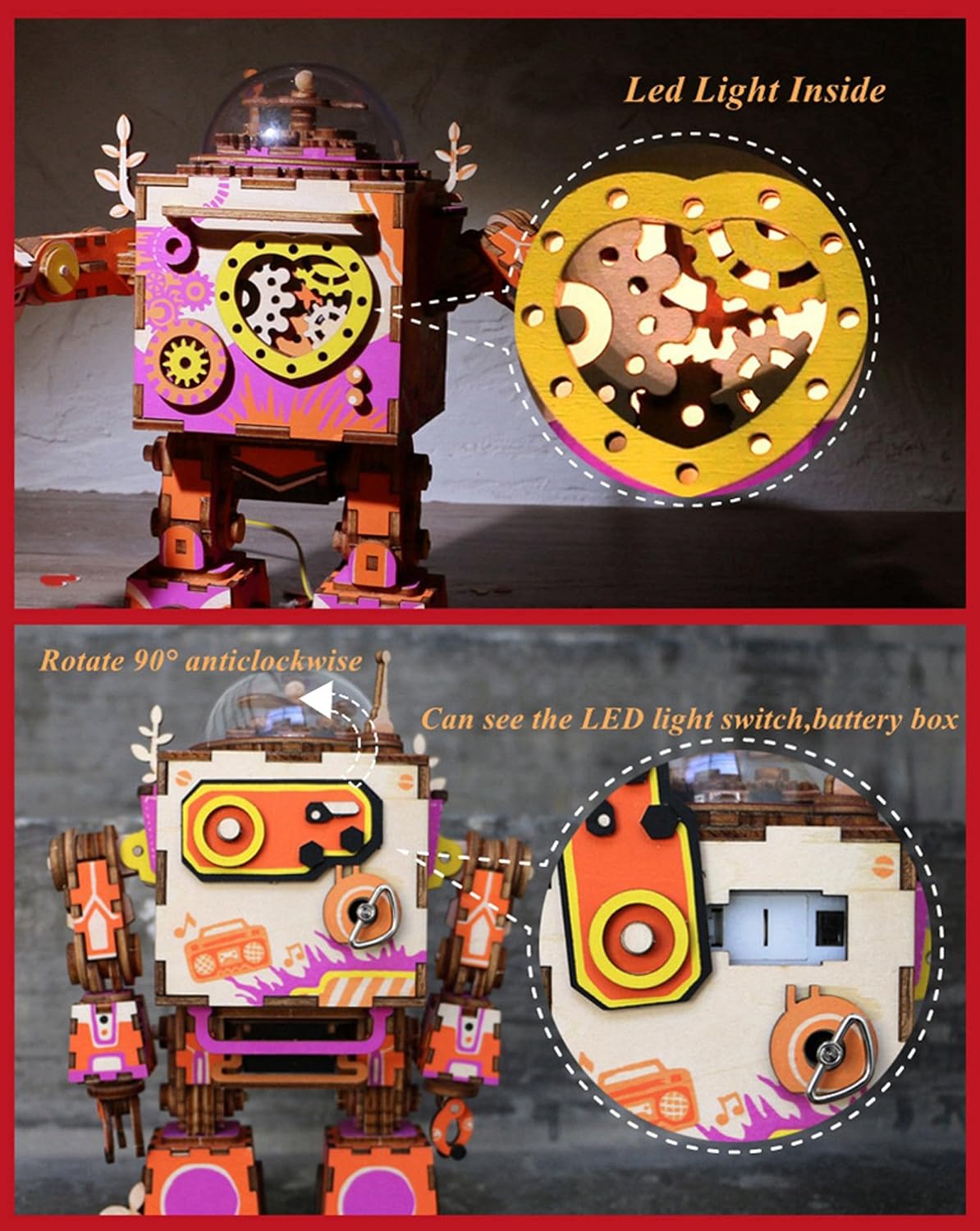 ROKR 3D Wooden Puzzle,DIY Music Box,Mechanical Craft Kit Model,Ideal Gift for Women Boys and Girls When Christmas/Birthday/Valentine's Day (Colorful Robot)