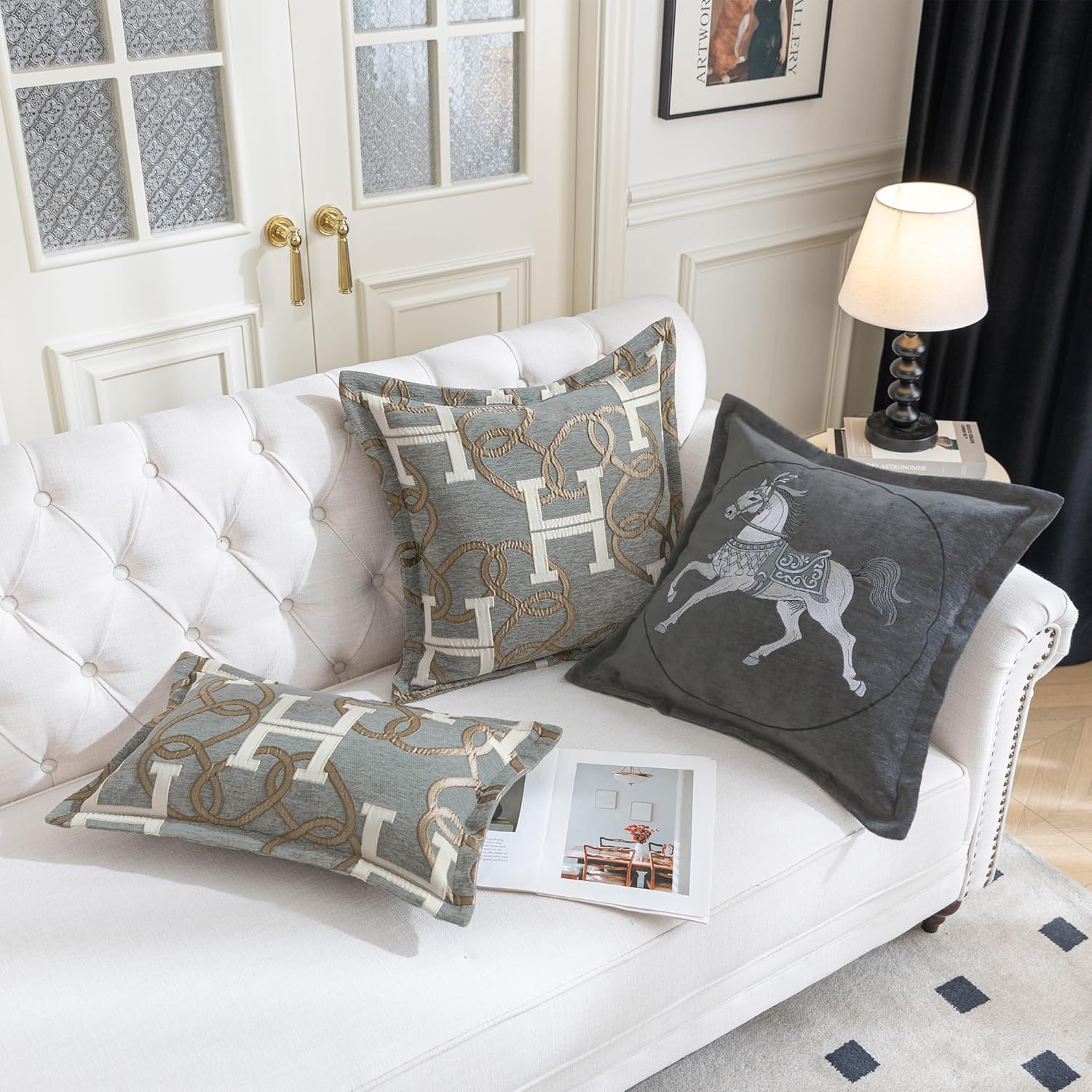 1-Piece Luxury Decorative Throw Pillow Covers 20x20 Inch, Horse Embroidery Chenille Cushion Cover, Modern Style Square Pillowcase for Living Room Bedroom Couch Sofa(Dark Gray)