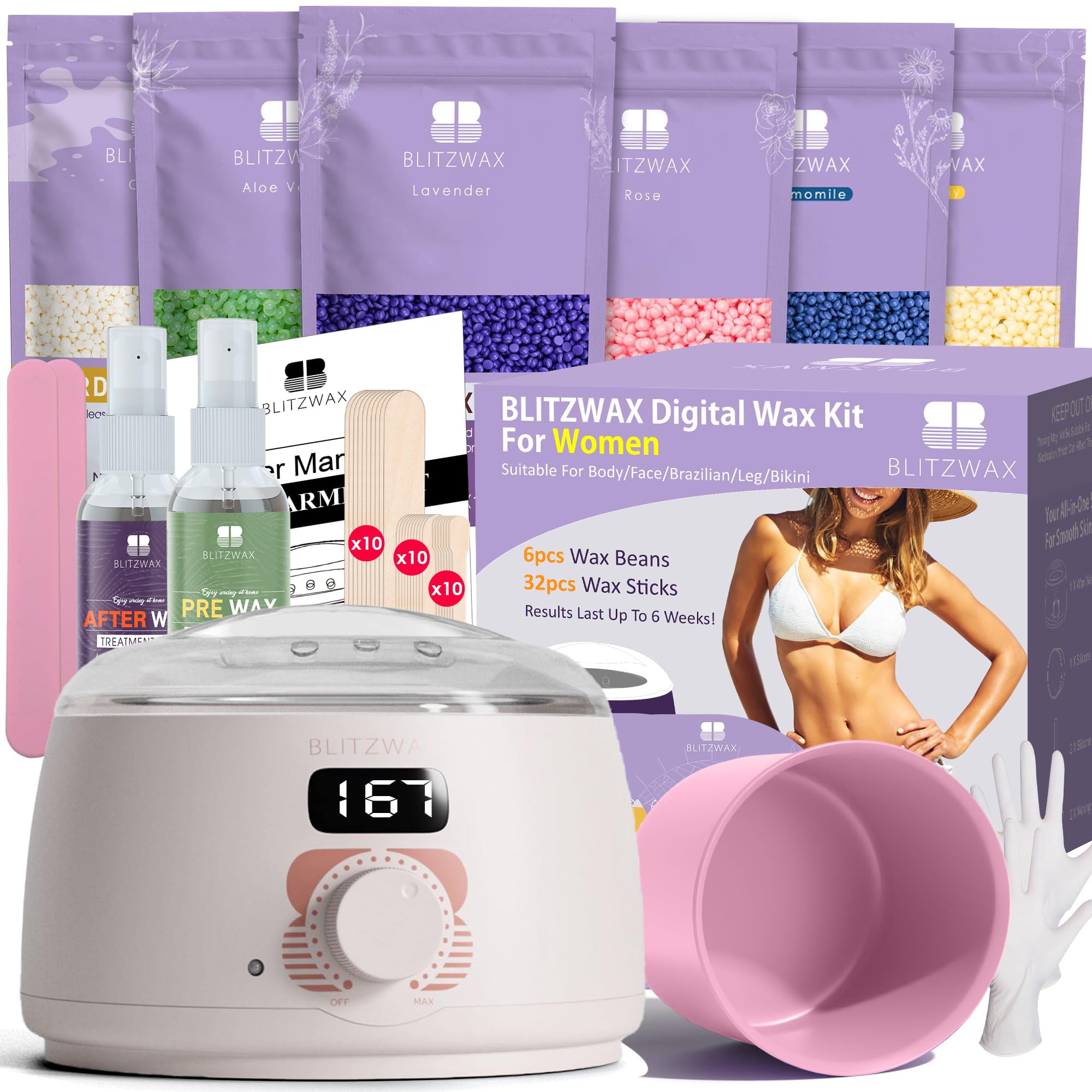 Brazilian and Bikini Waxing Kit for Women, Hard Wax Warmer for Face, Legs, and Body, At Home Hair Removal Kit, Beginner Friendly, Quick Heating, 6 Packs Wax Beads