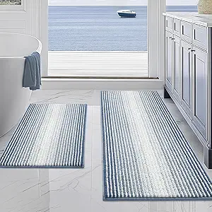 BSICPRO Bathroom Rugs and Mats Sets, 2 Piece Thick Absorbent Chenille Non Slip, Soft Shaggy Floor Mats, Machine Washable (Fog Blue, 20" x 47" Plus 16" x 24")