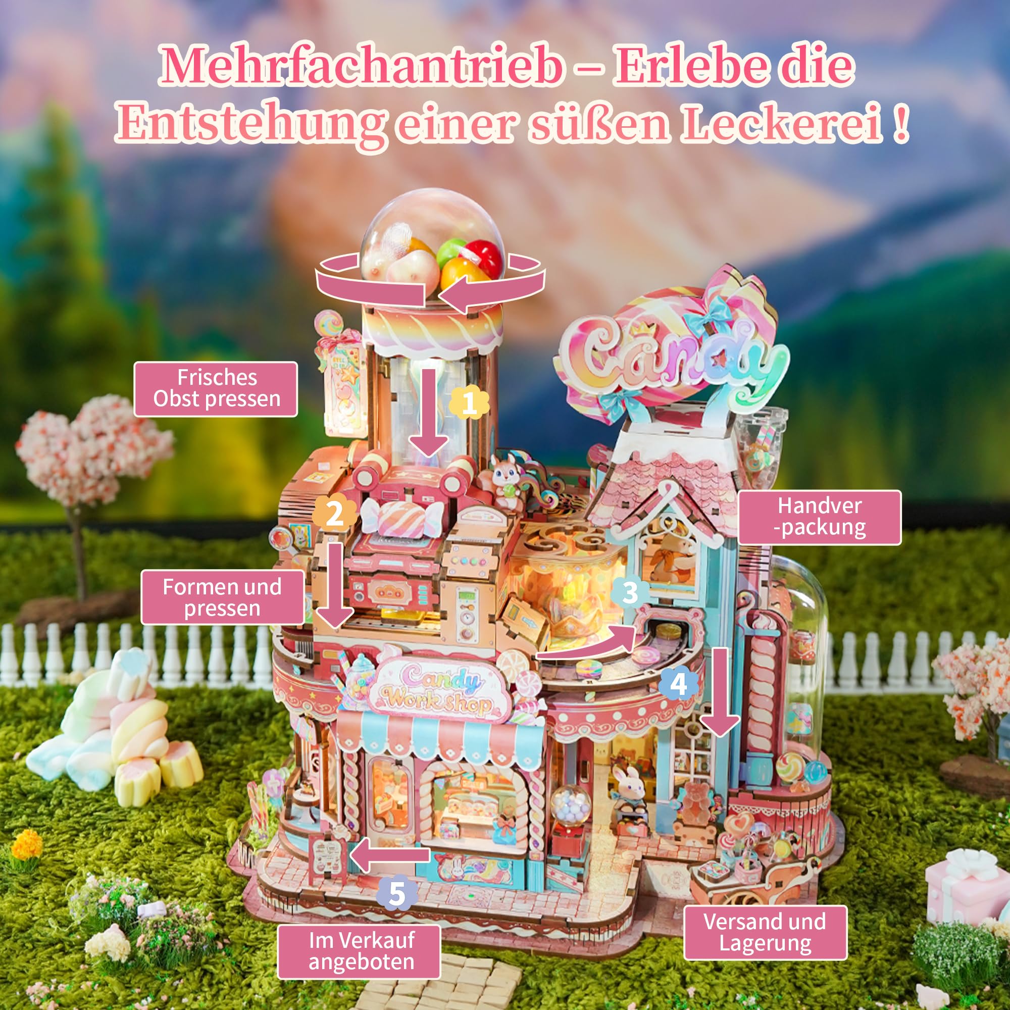 Tonecheer 3D-Holzpuzzle, DIY Holz Modellbausatz Süßigkeitenladen mit Musik, bewegliche Bauteile & Übertragungsstruktur, kreatives Geschenk für Geburtstag & Weihnachten (Bonbonwerkstatt)