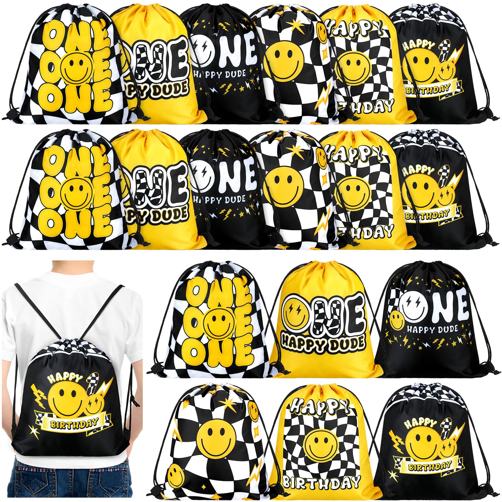 24 Happy Dude Party Favor Bags With Stickers - Kraft Paper Gift Bags For 1st Birthday Parties