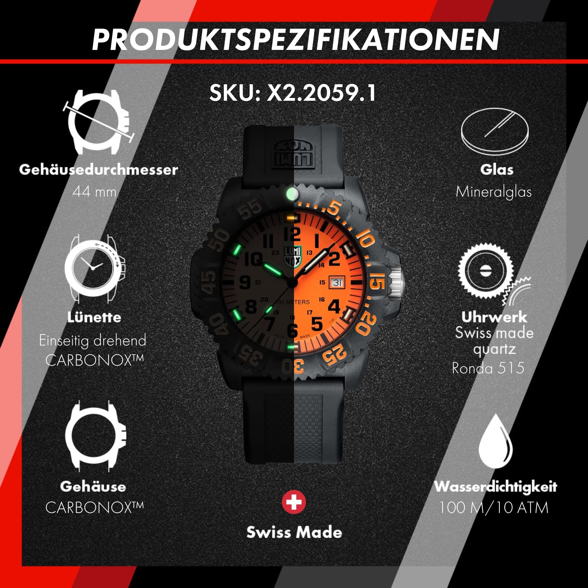 Luminox - G Kollektion Sea Lion Herrenuhr 44mm - Militäruhr in Schwarz mit Datumsanzeige 100m Wasserdicht - Mehrere Varianten - Hergestellt in der Schweiz - Herren Uhr - Hergestellt in der Schweiz