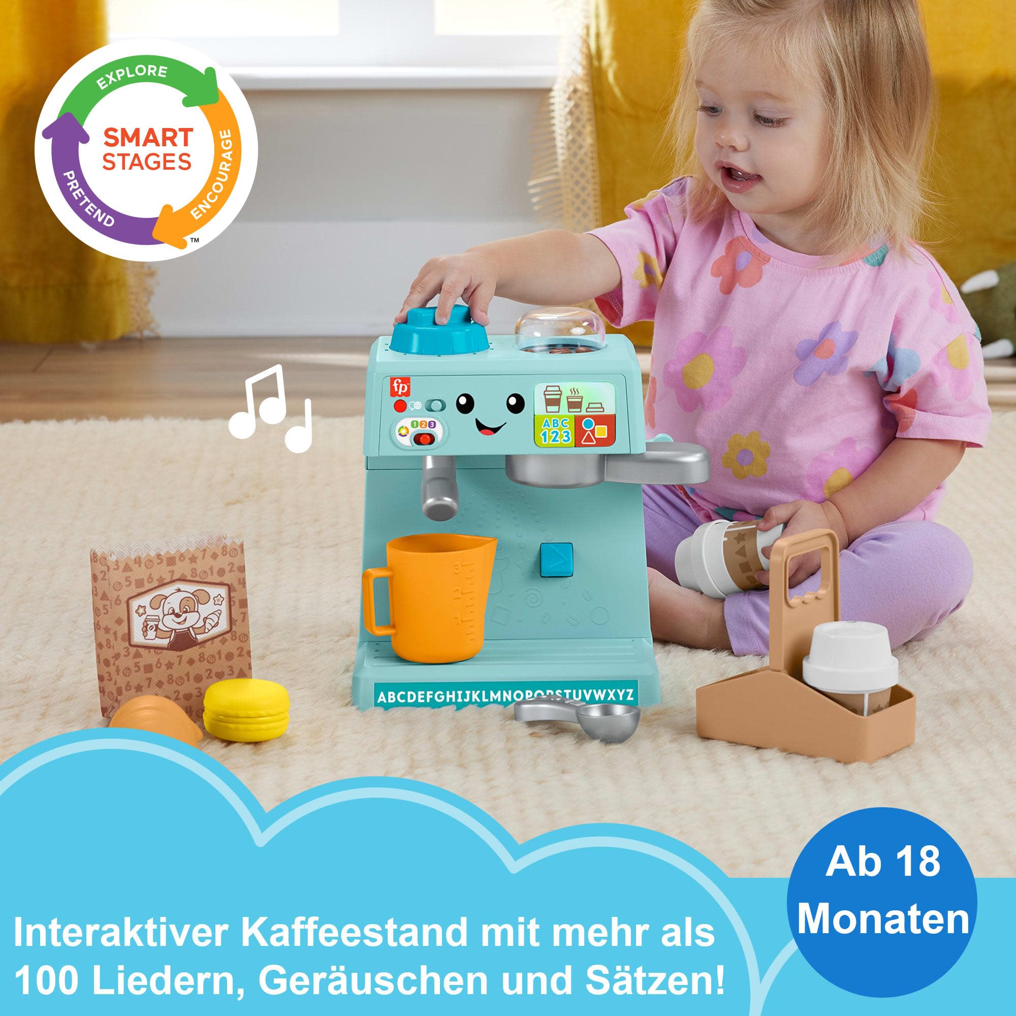 Fisher-Price Kleinkinderspielzeug Mein Barista-Set mit Lernstufen und 10 Teilen ab 18 Monaten, mehrsprachige Version, HYR98