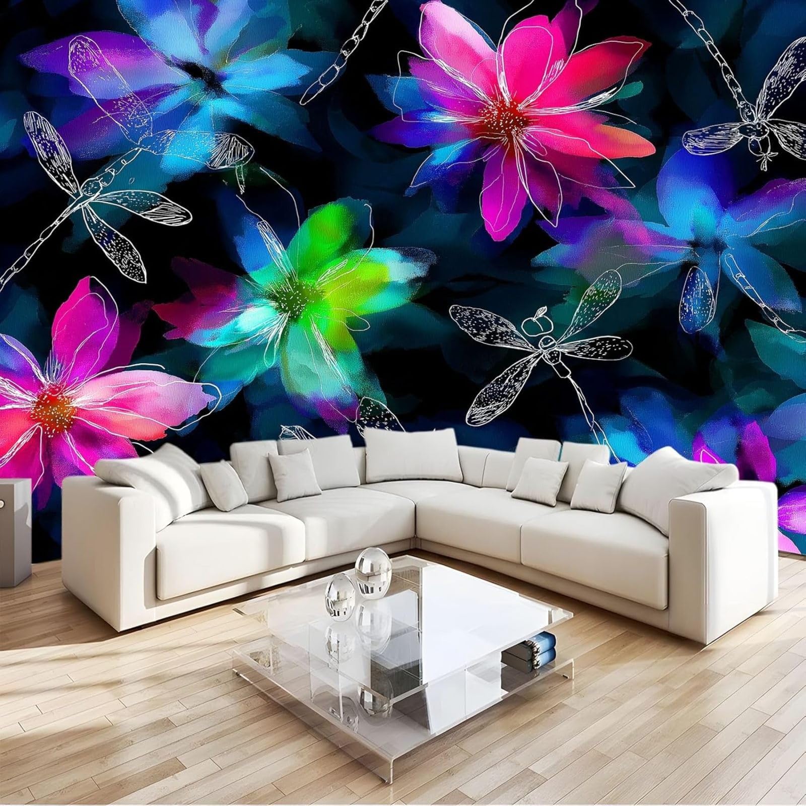 Non-woven photo wallpaper abstract animals dragonfly butterfly, multicoloured for living room bedroom 3D effect wall sticker - modern wall decoration, 150cm x 105cm stickers - frameless painting - pos