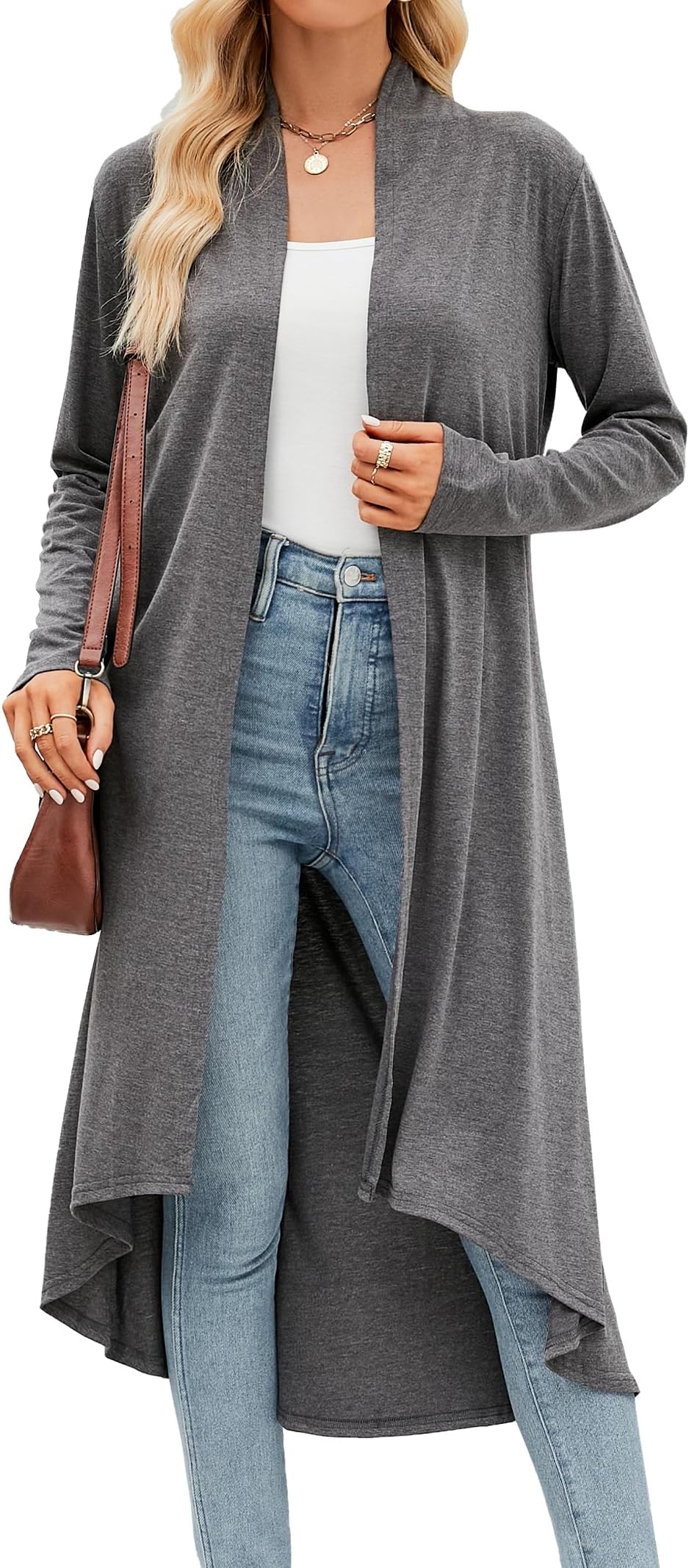 Women's Casual Long Open Front Drape Lightweight Duster High Low Hem Long Sleeve Maxi Cardigan with Pockets(S-3XL)
