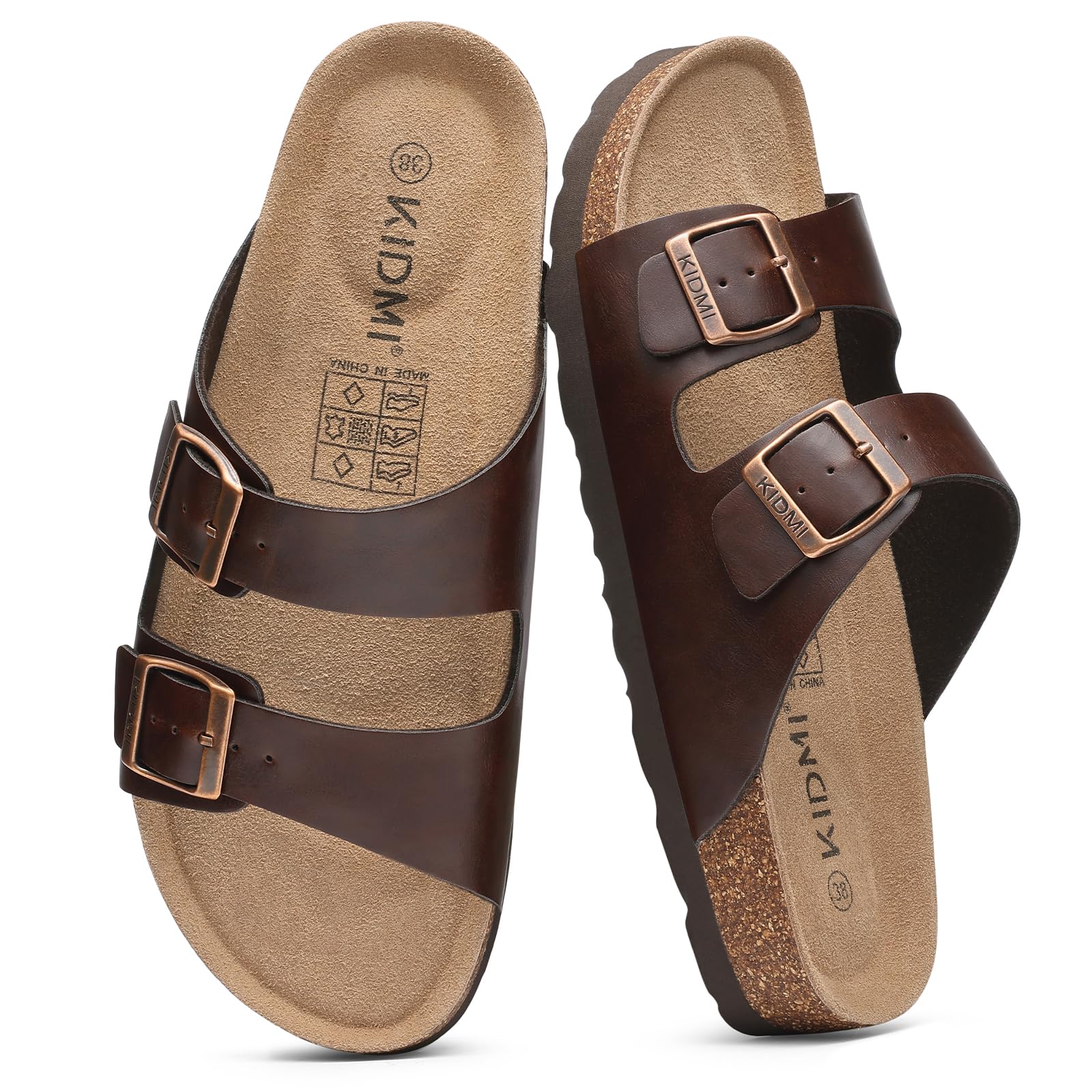 KIDMI Unisex Genuine Suede Summer Sandals Arch Support Cork Footbed Slide Sandals with Double Adjustable Buckle for Women Men