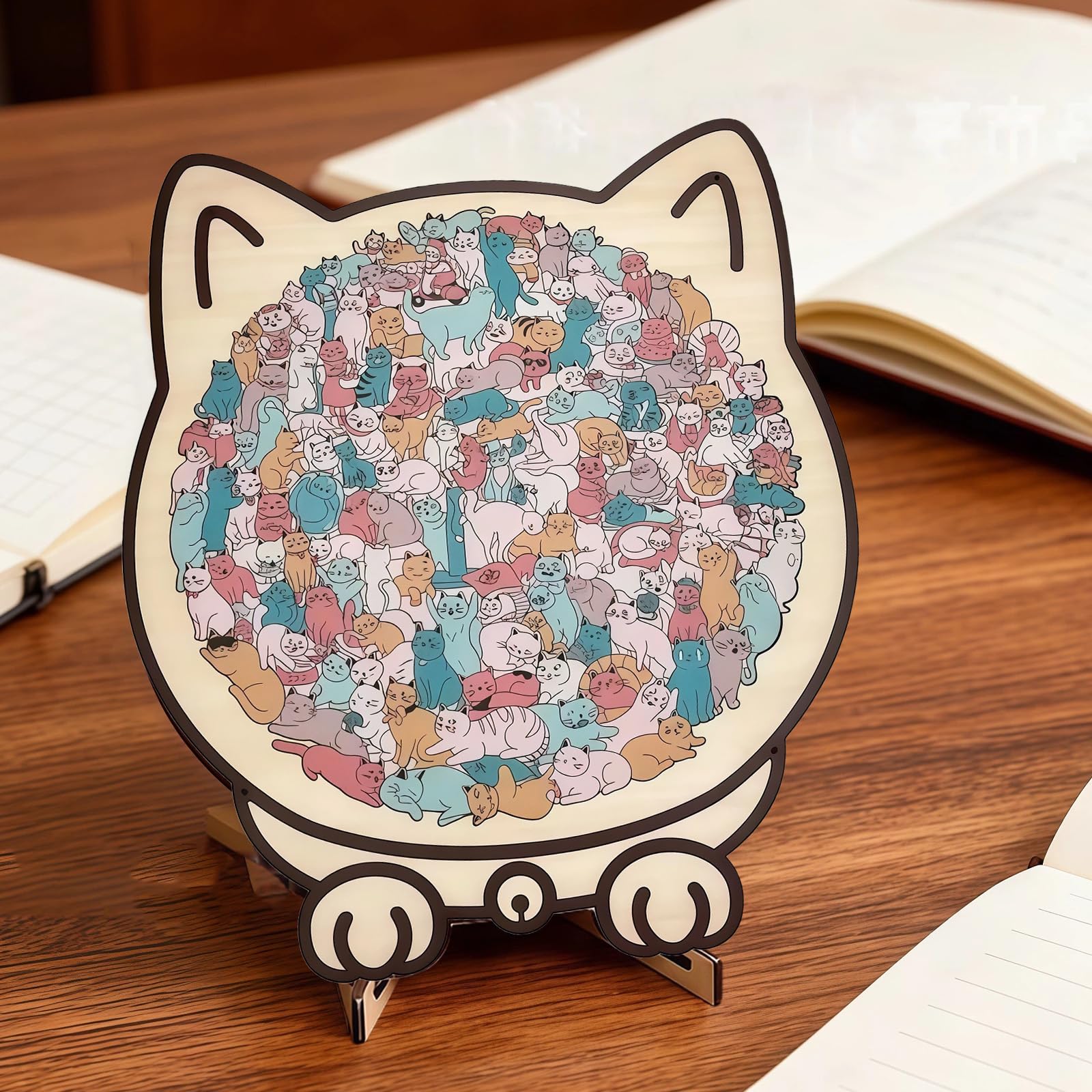 Puzzle a forma di gatto, puzzle irregolare con supporto, 135 pezzi, puzzle in legno colorato per adulti, regalo creativo per gli amanti dei gatti (C)