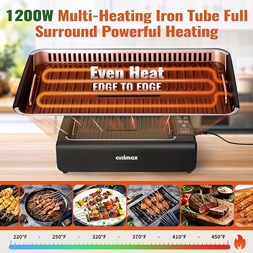 Miniatura 3 de Parrilla eléctrica coreana sin humo para interiores, 1200 W, con placa extraíble antiadherente y plancha, pantalla inteligente LED, tapa de vidrio