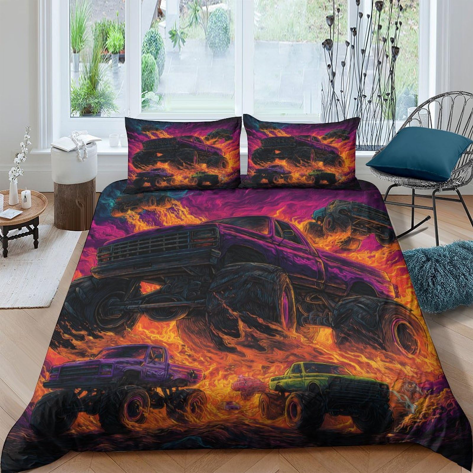 Ctjqhvkz Style-7 3D Printed Monster Truck Fitted Sheet Microfiber Vibrant Flame Bed Cover For Bedroom Dorm Mattress Decor Single（135X200cm）