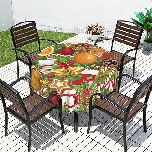 Miniatura 6 de Mantel redondo con temática navideña, 70 pulgadas, decoraciones navideñas, mantel lavable, a prueba de derrames, para festivales, festividades,
