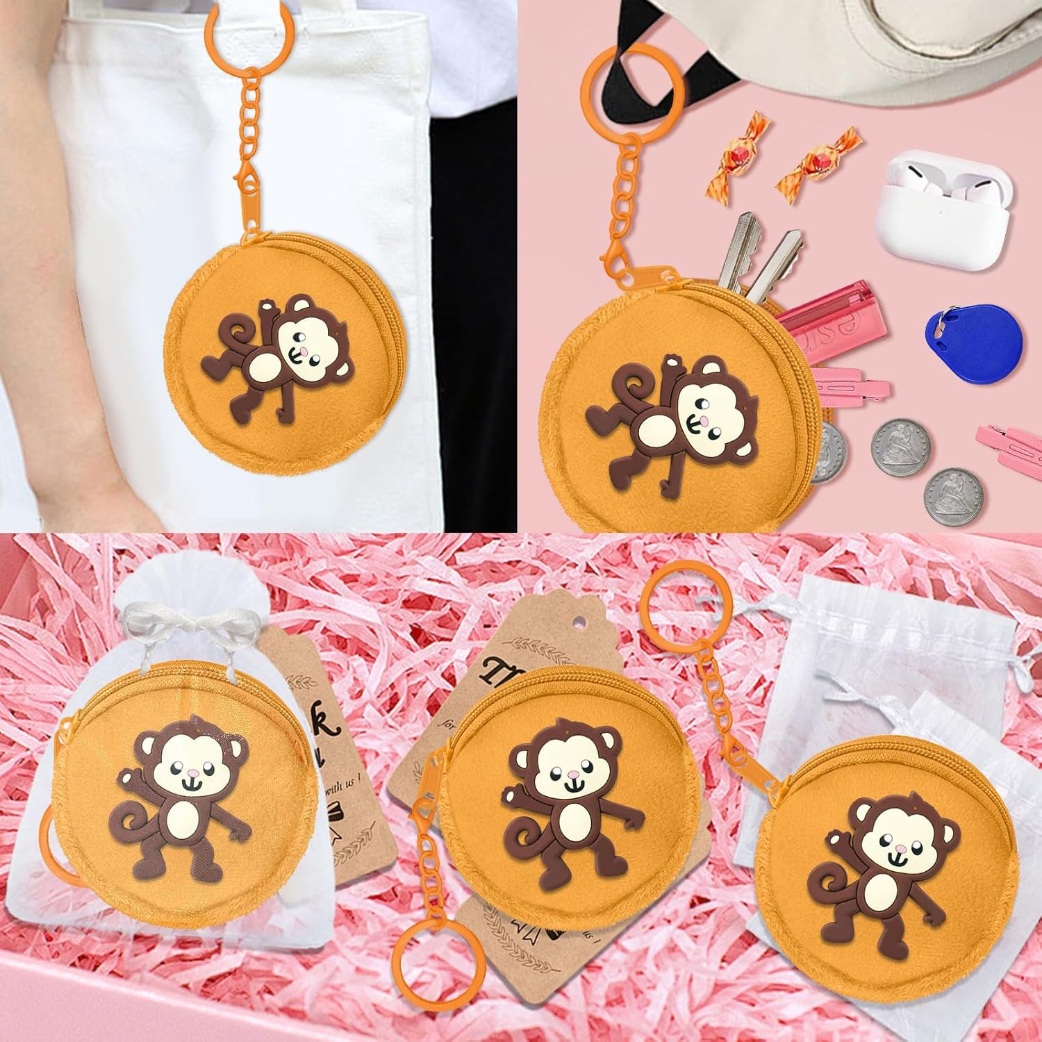 15 Pack Monkey Mini Coin Purse with Keyring for Monkey Themed,Mammal Animals,Jungle Animal,Forest,Baby Shower Wild ONE Party Supplies,Khaki - Image 3