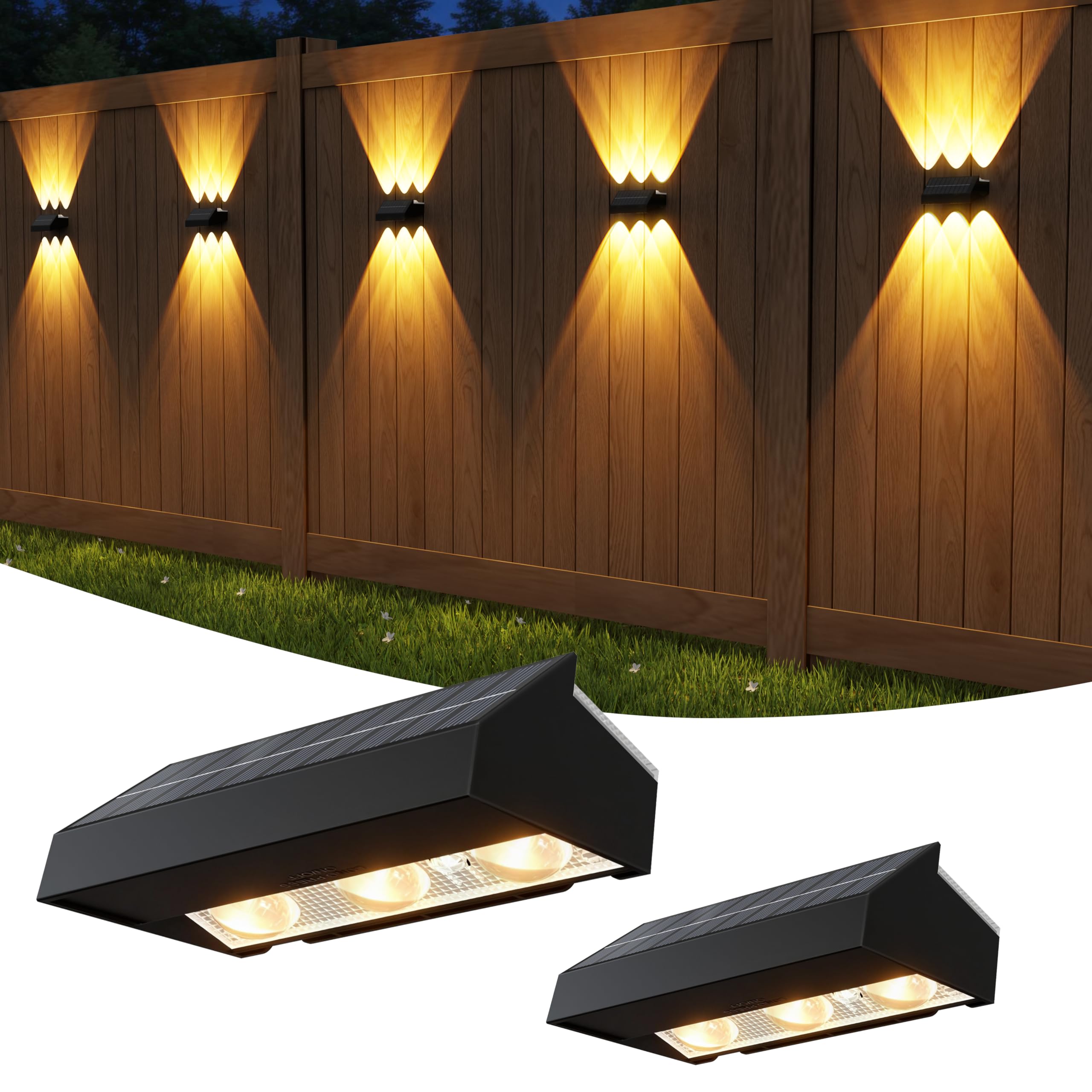 ZCXLIGHT Solar Fence Lights Outdoor Garden – Up & Down Three-Color White Solar Wall Lights,Waterproof, Long Runtime, 6 LED Beads, Dusk-to-Dawn – 2 Pack for Patio, Deck, Yard, Fence