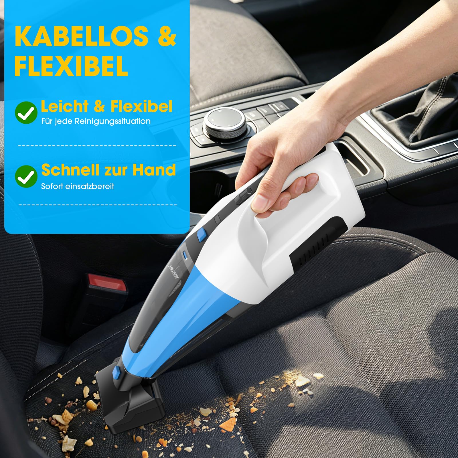 Aspiradora de mano inalámbrica recargable 4 en 1, aspiradora de pelo de mascotas con cepillo de goma giratorio, filtro HEPA, 25-30 minutos de trabajo