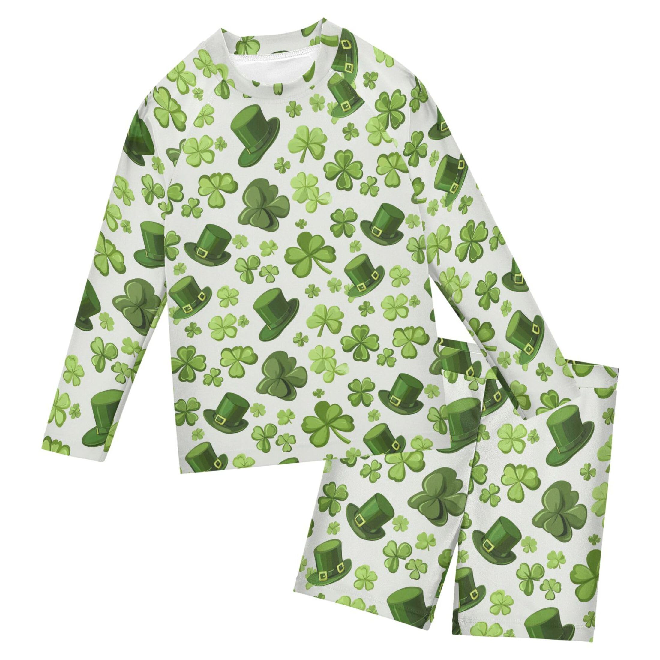 St Patrick Clover Hat Boys Rash Guard Swimsuits Set for Boys Long Sleeve Swim Shirts Bathing Suits B0404676