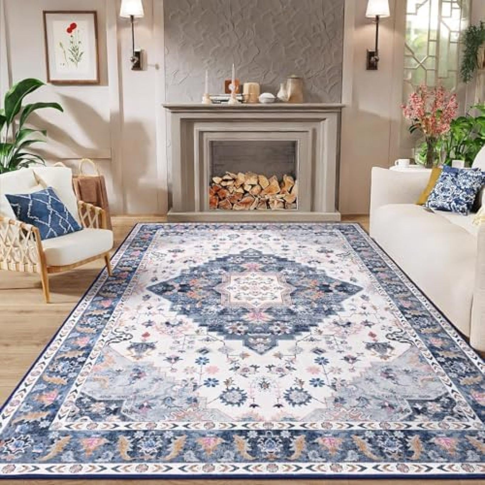 Tapis de cuisine lavable et antidérapant bleu floral traditionnel