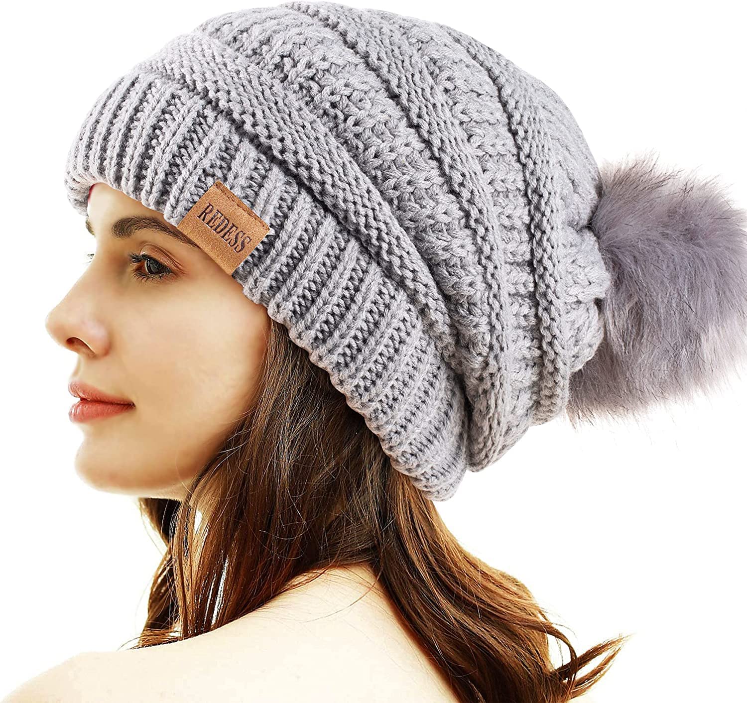 REDESS Cappello Invernale da Donna con Pom Pom Beanie Caldo Foderato in Pile Spesso Slouchy Snow Knit Chunky Baggy Skull Berretto da Sci