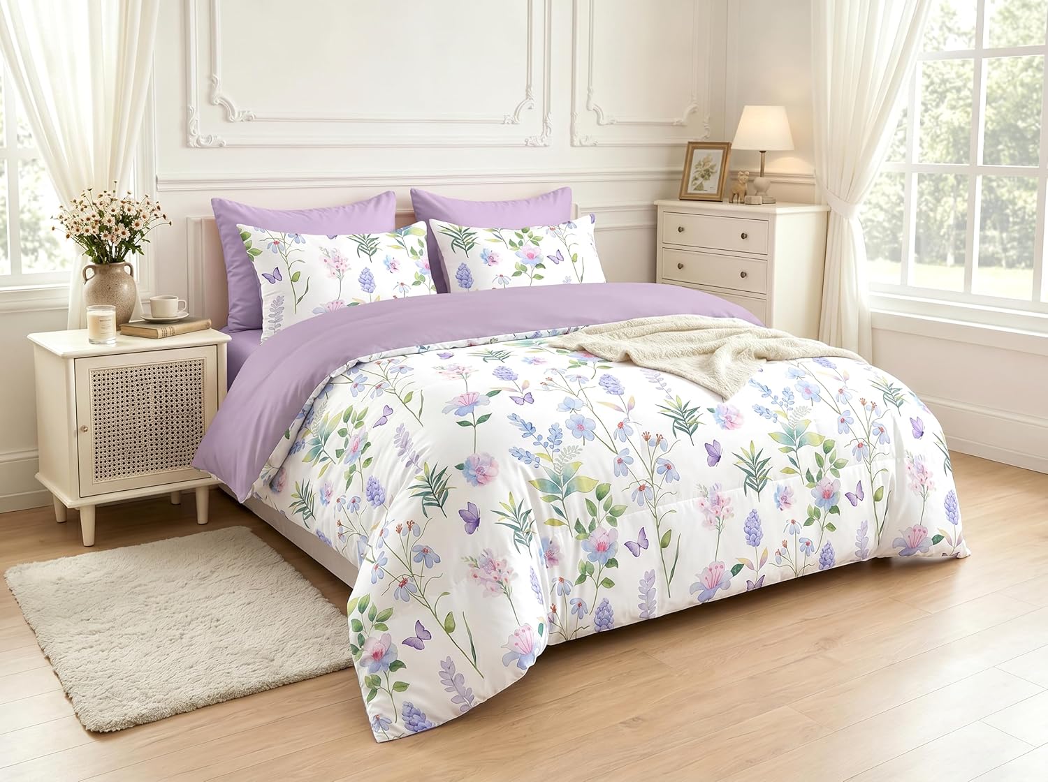 CCoutueChen Purple Floral Comforter Set Queen Size, Purple Lavender Botanical Bedding Set for Cottagecore Bedroom Decor, 3 Pcs Soft Microfiber Lightweight Comforter Set with 2 Pillowcases, 90"x90"
