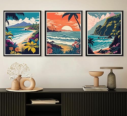 Miniatura 3 de EVPYXFUT 3 piezas de arte de pared de viaje hawaiano, retro, exótico, tropical, lienzo, océano, playa, impresiones, olas, paisaje, cuadros vintage