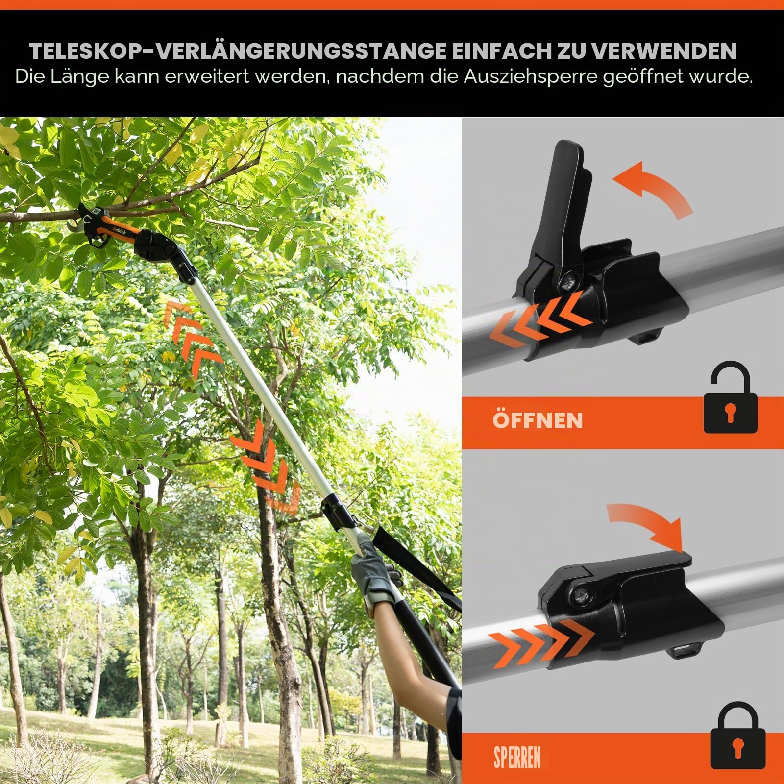 Kebtek Elektrische Gartenschere, 40 mm Schnurlose Gartenschere mit Verlängerungsstange 21V Bürstenloser Motor 2 Ah Wiederaufladbarer Akku, LCD-Display