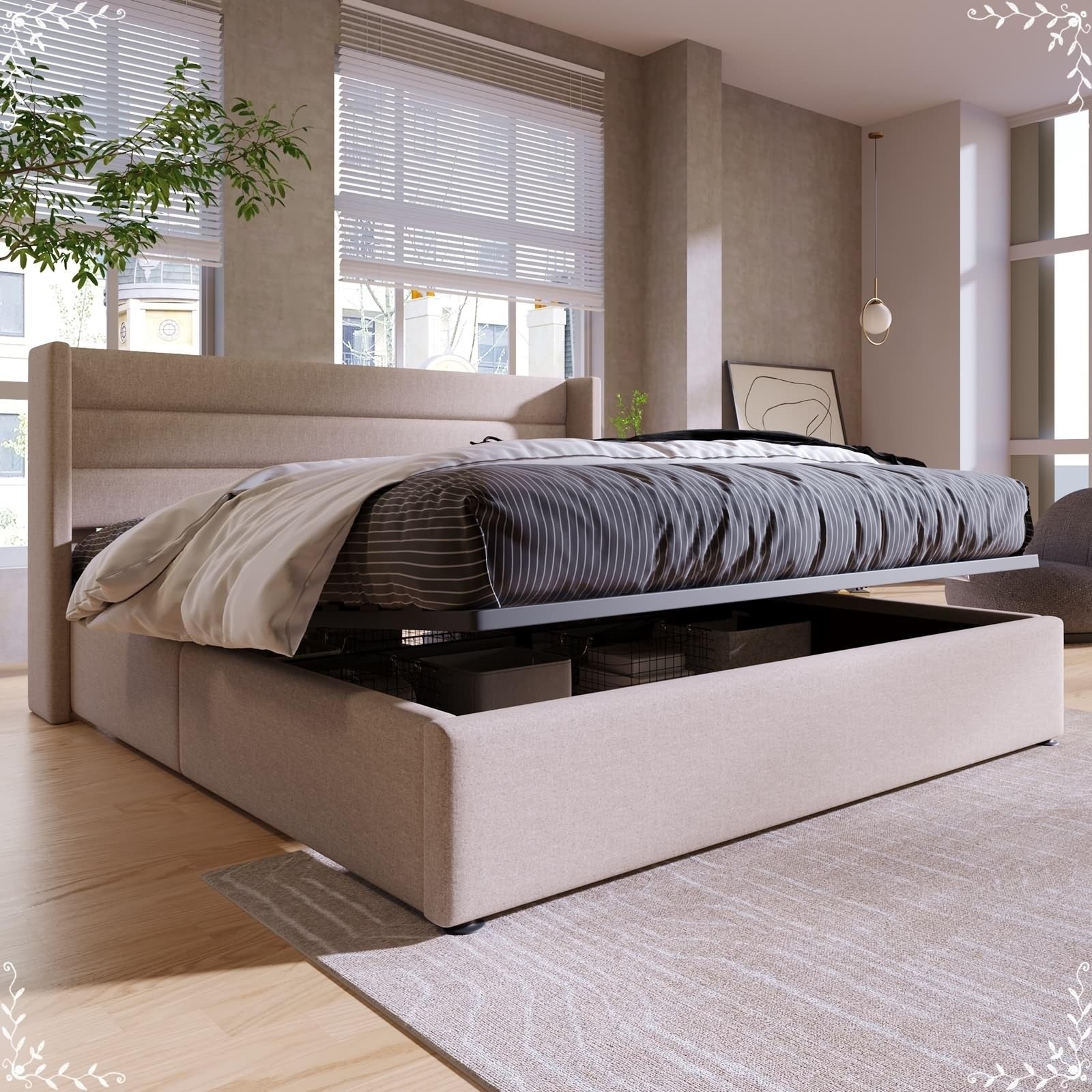 Daesar Letto Matrimoniale Moderno 160x200, Giroletto Contenitore Idraulico con Rete A Doghe In Metallo e Testiera, Letti Imbottiti Cameretta In Lino, Beige (Senza Materasso)