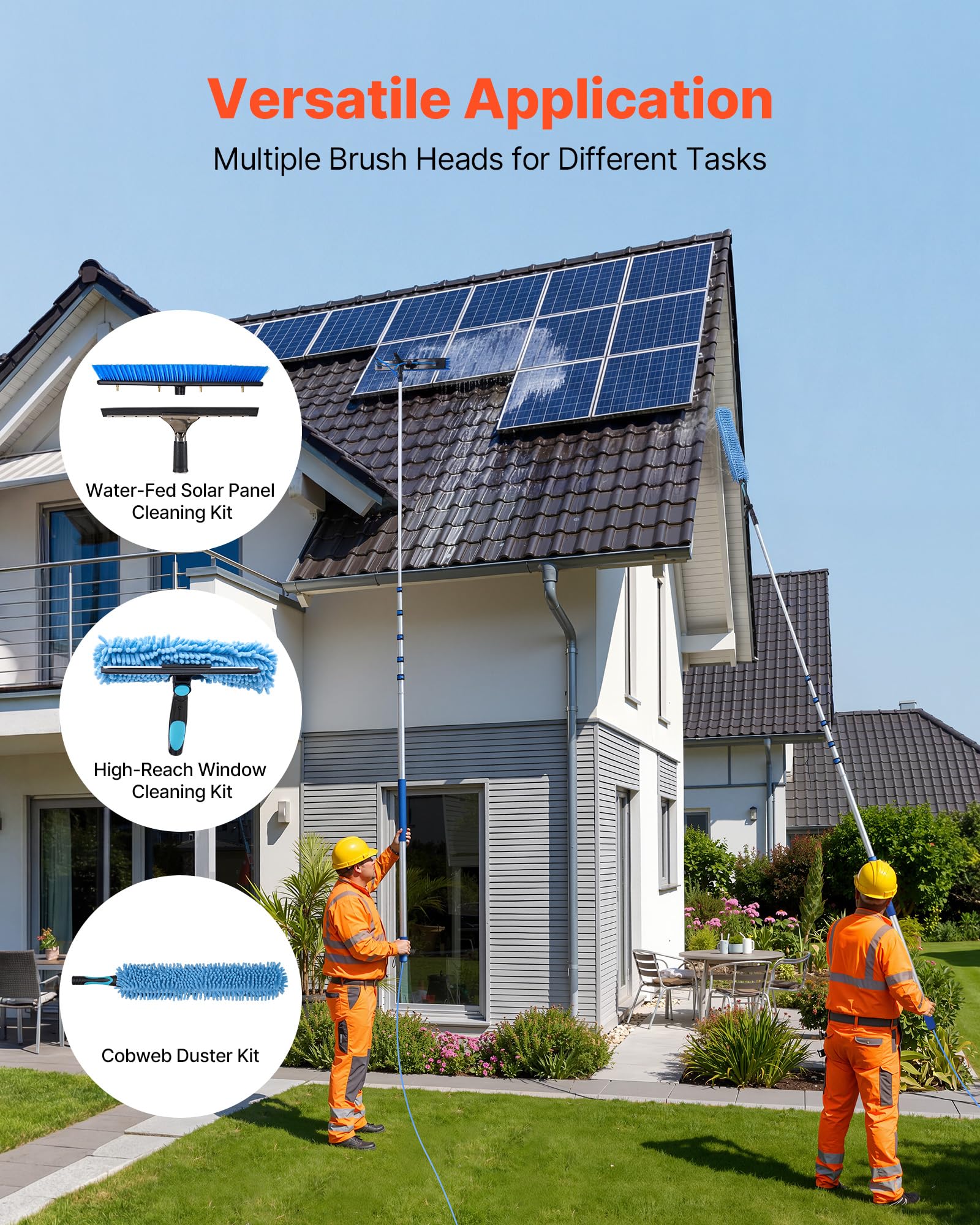 VEVOR Kit di Pulizia per Pannelli Fotovoltaici, 10 m, Spazzola 2 in 1 con Asta Telescopica in Alluminio per Lavaggio di Pannelli Solari, con Tergivetro, Dispenser di Sapone, Testa Ruotabile a 180°