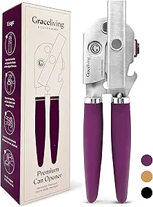 Premium Multifunctional Magnetic Manual Can Opener and Bottle Opener, Heavy Duty Stainless Steel Sharp Cutting Blade and Oversized Easy Turn Knob, Soft-Touch Handle, Kitchen Use, Mauve