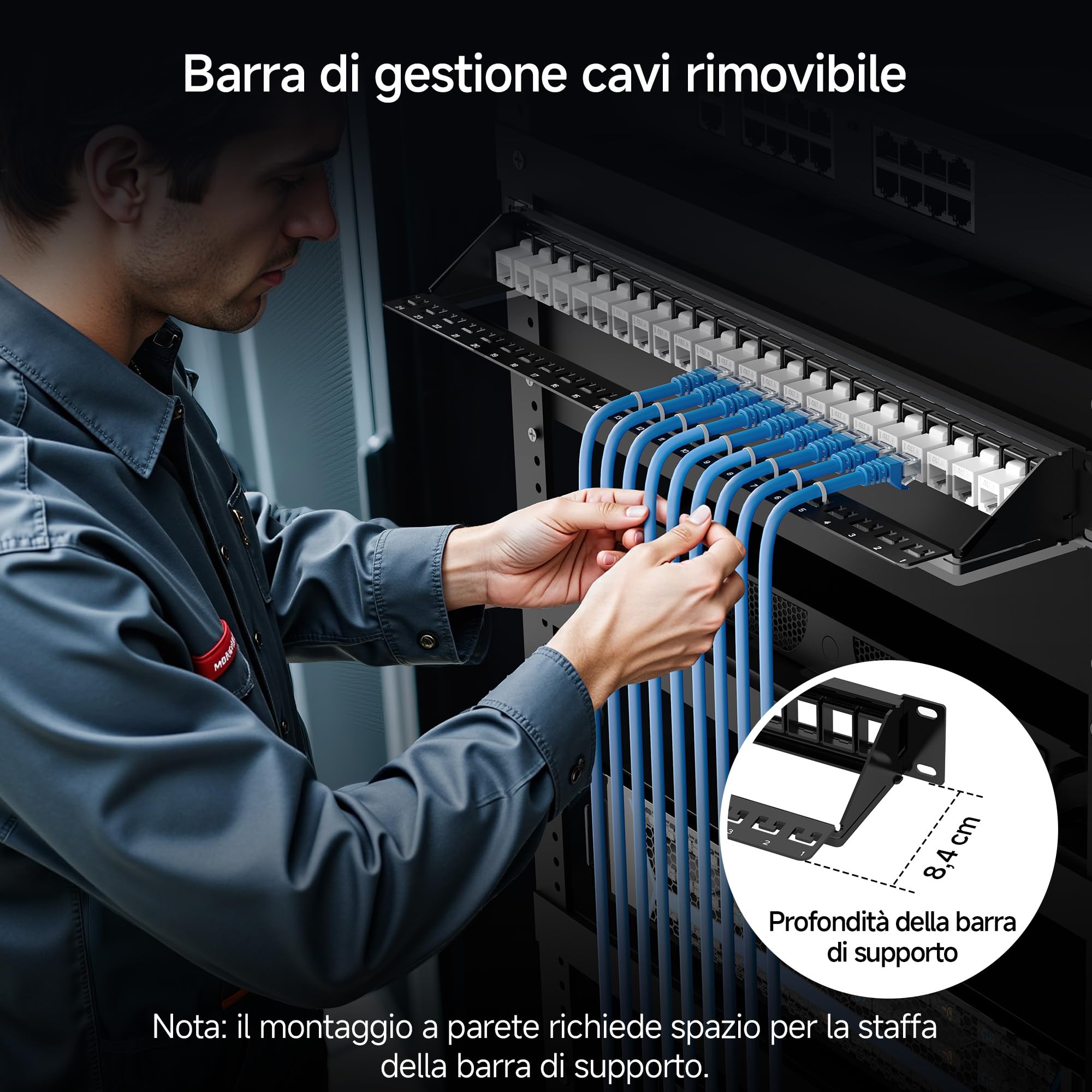 Cable Matters Pannello patch Keystone 1U a 24 porte con gestione dei cavi e barra di supporto (pannello patch vuoto da 19 pollici per jack Keystone/pannello Keystone)