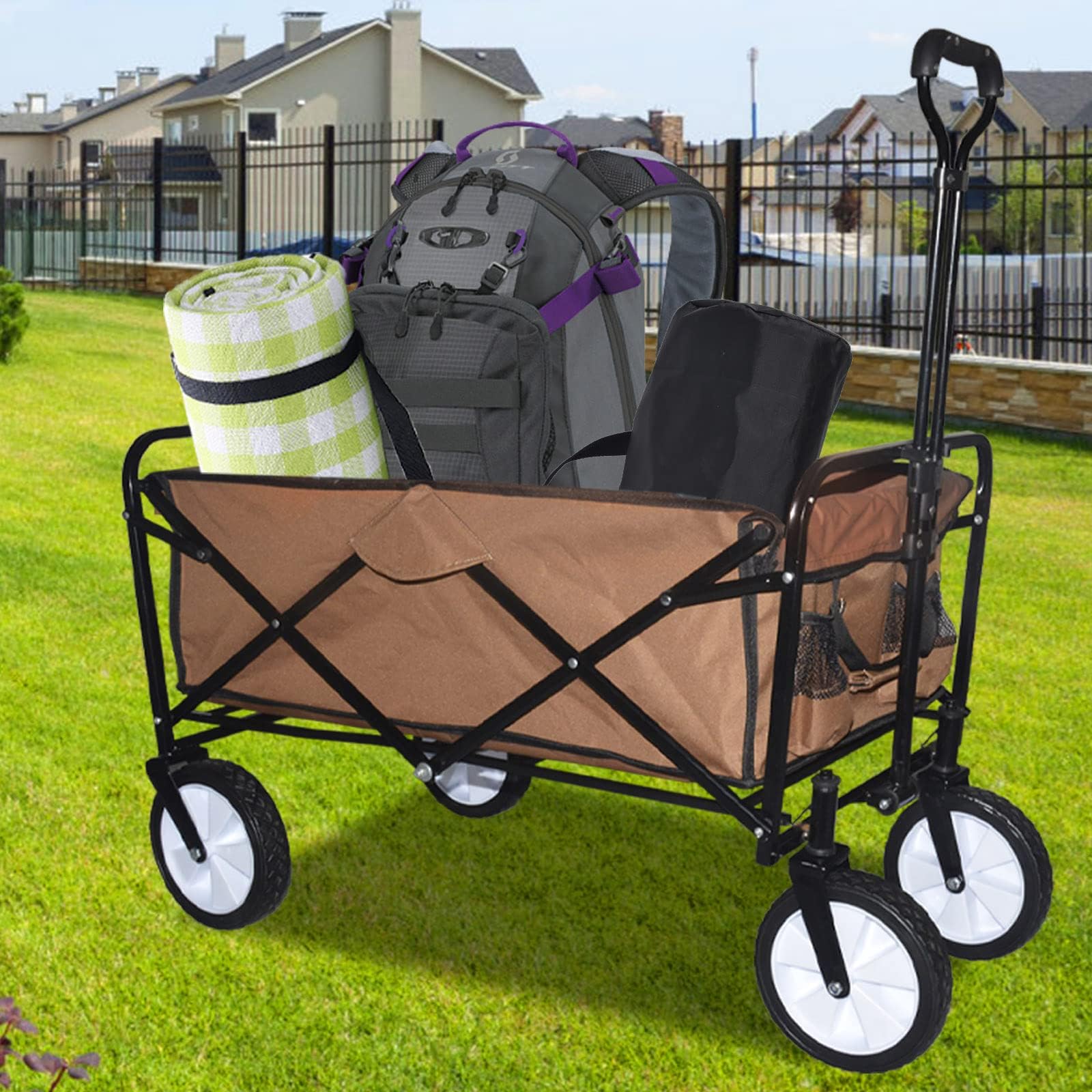 Garden Beach Utility Folding Pull Wagons Carts with Wheels Heavy Duty Foldable Pullable Collapsible Wagon Cart with Big Wheels Outdoor Mini Portable Cargo Camping Wagon Cart