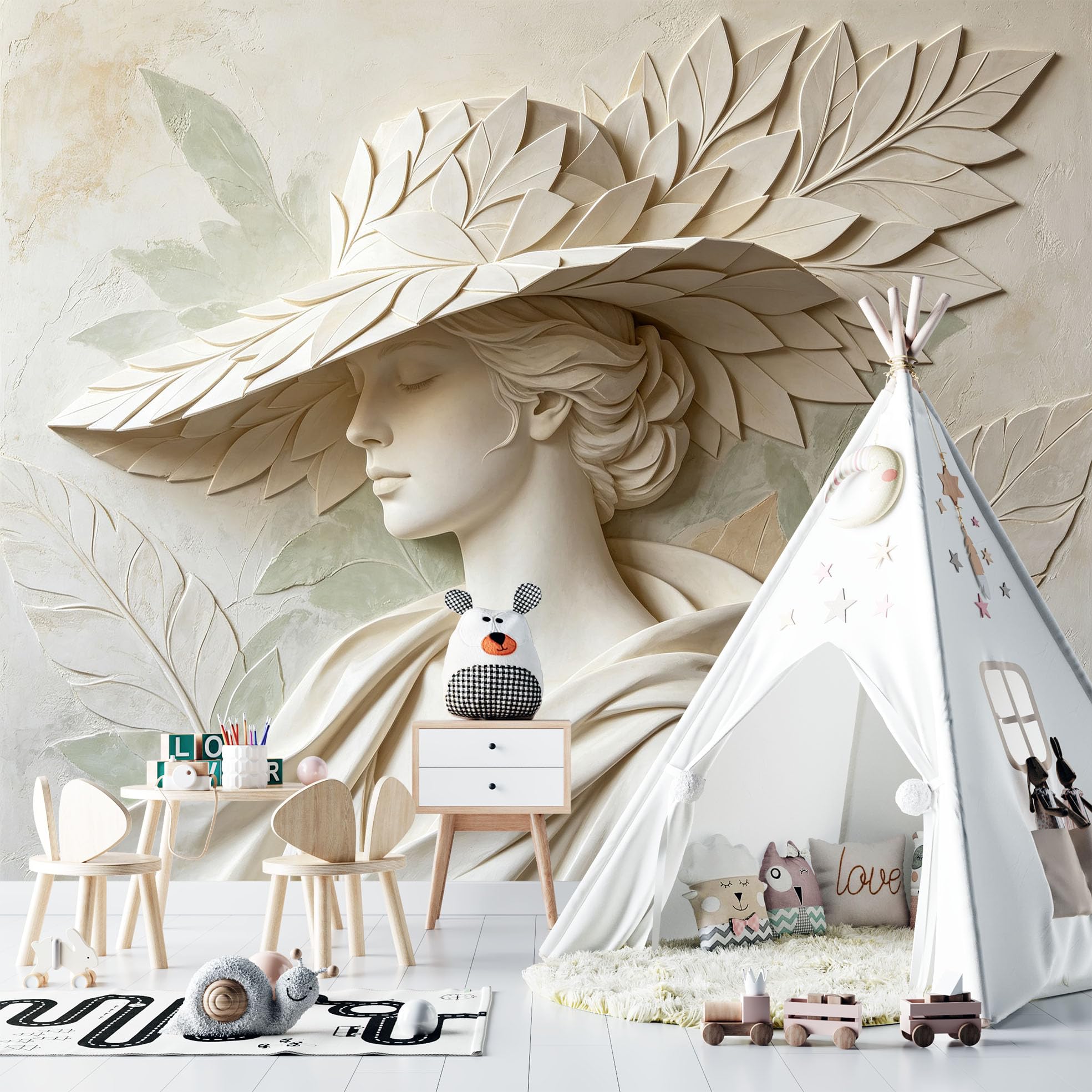 Papier Peint Mural Intissé 200 x 140 cm Motif Femme Élégante Au Chapeau Feuilles Style Sculpture Grecque Décoration Fresque Murale Esthétique pour Salon Ou Chambre.