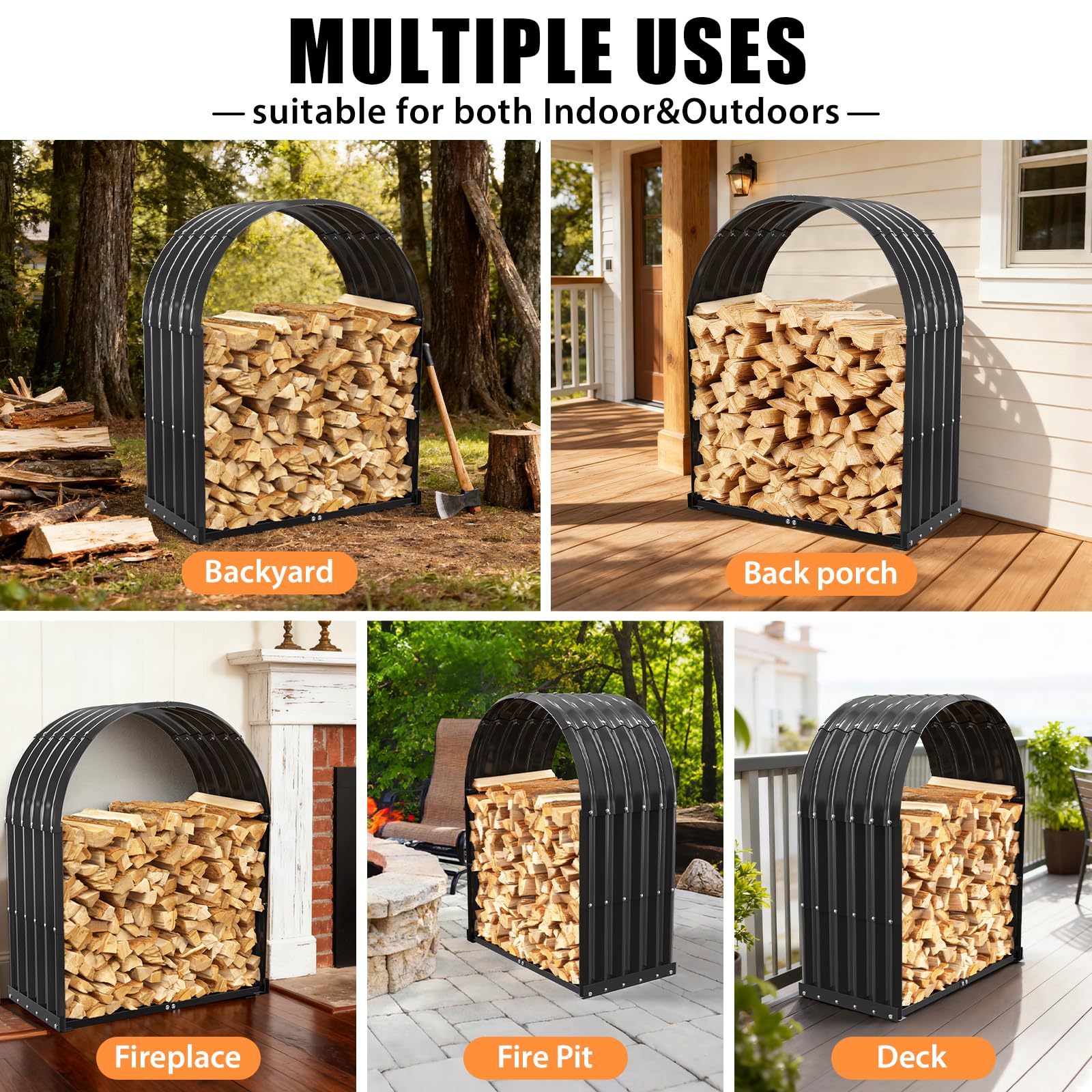 Portalegna da ardere resistente con copertura ad arco, capacità 317,5 kg, porta legna in acciaio zincato impermeabile, per camino interno o patio esterno, elegante organizer per legna da ardere