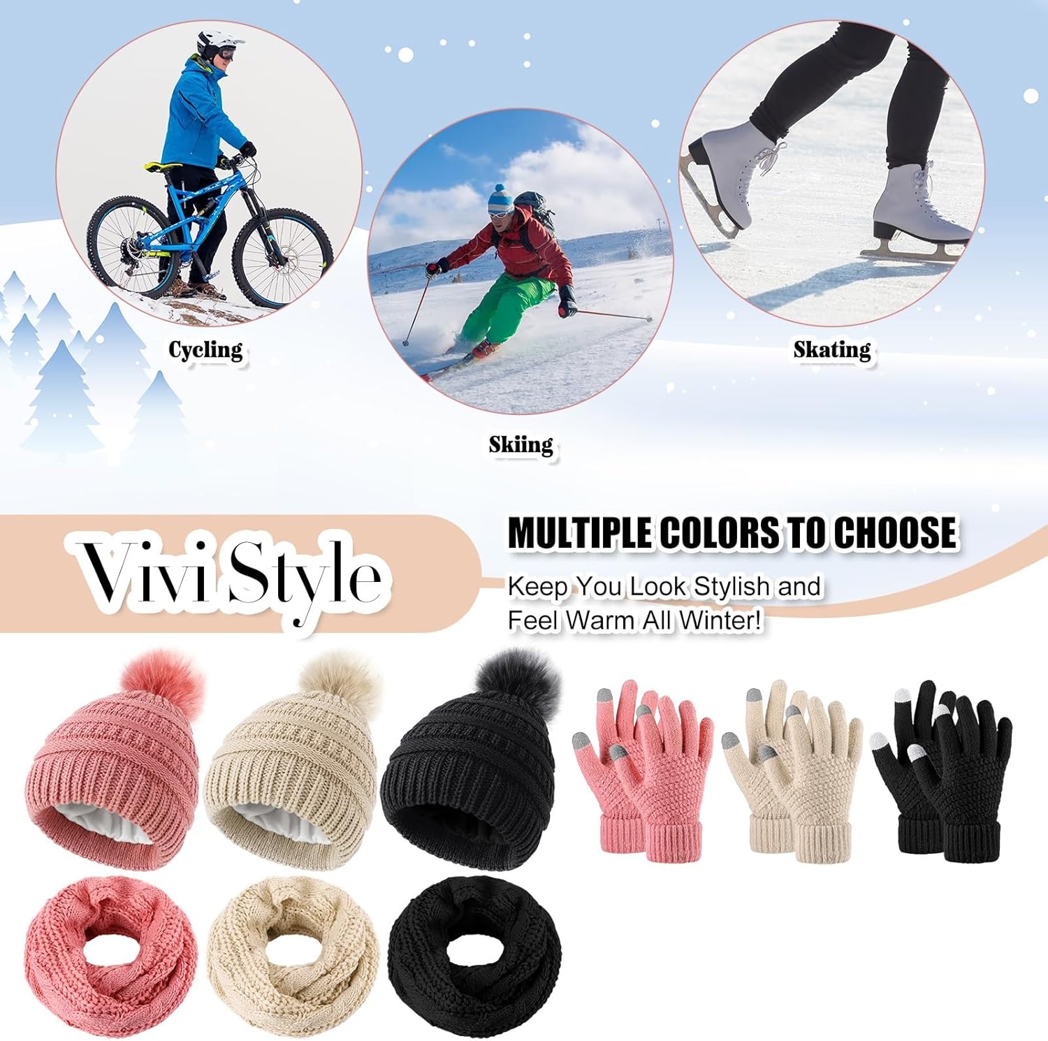 Liitrsh 12 Pcs Winter Beanie Hat Scarf Gloves Set Knitted Beanie Hat Circle Scarves Gloves Earmuff for Women Men - Image 2
