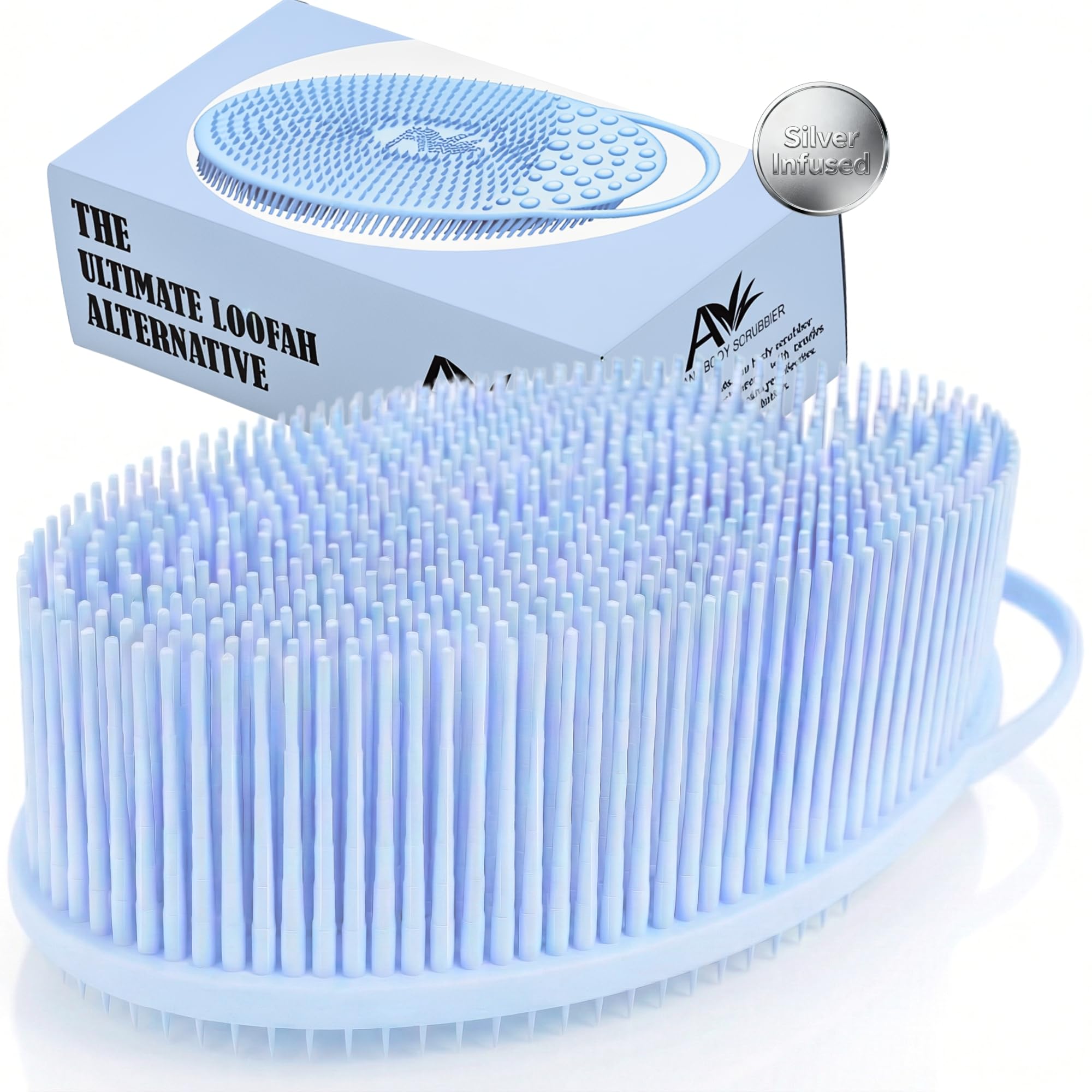 Avilana Silver Edition Exfoliating Body Scrubber - Silver-Ion Infused Silicone Bath Brush, ISO Tested Dual Sided, Stays Fresh Firm Bristles Smooth